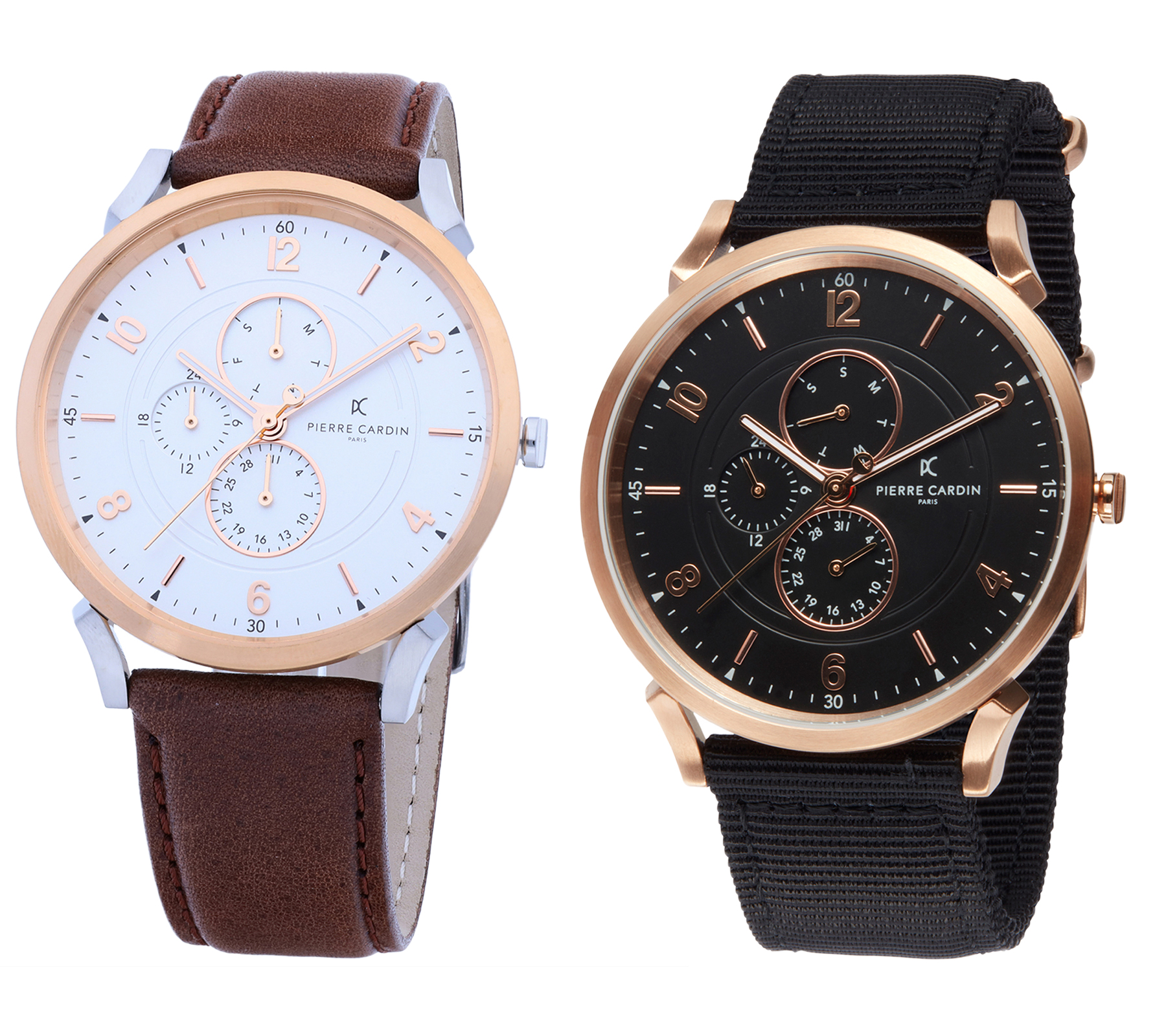 Pierre Cardin Herren Armband-Uhr mit Multi-Ziffernblatt analoge Quarz-Uhr 3ATM 44mm mit Leder-Armband in Braun/Rosegold/Silber oder mit Textil-Armband in Schwarz/Kupfer