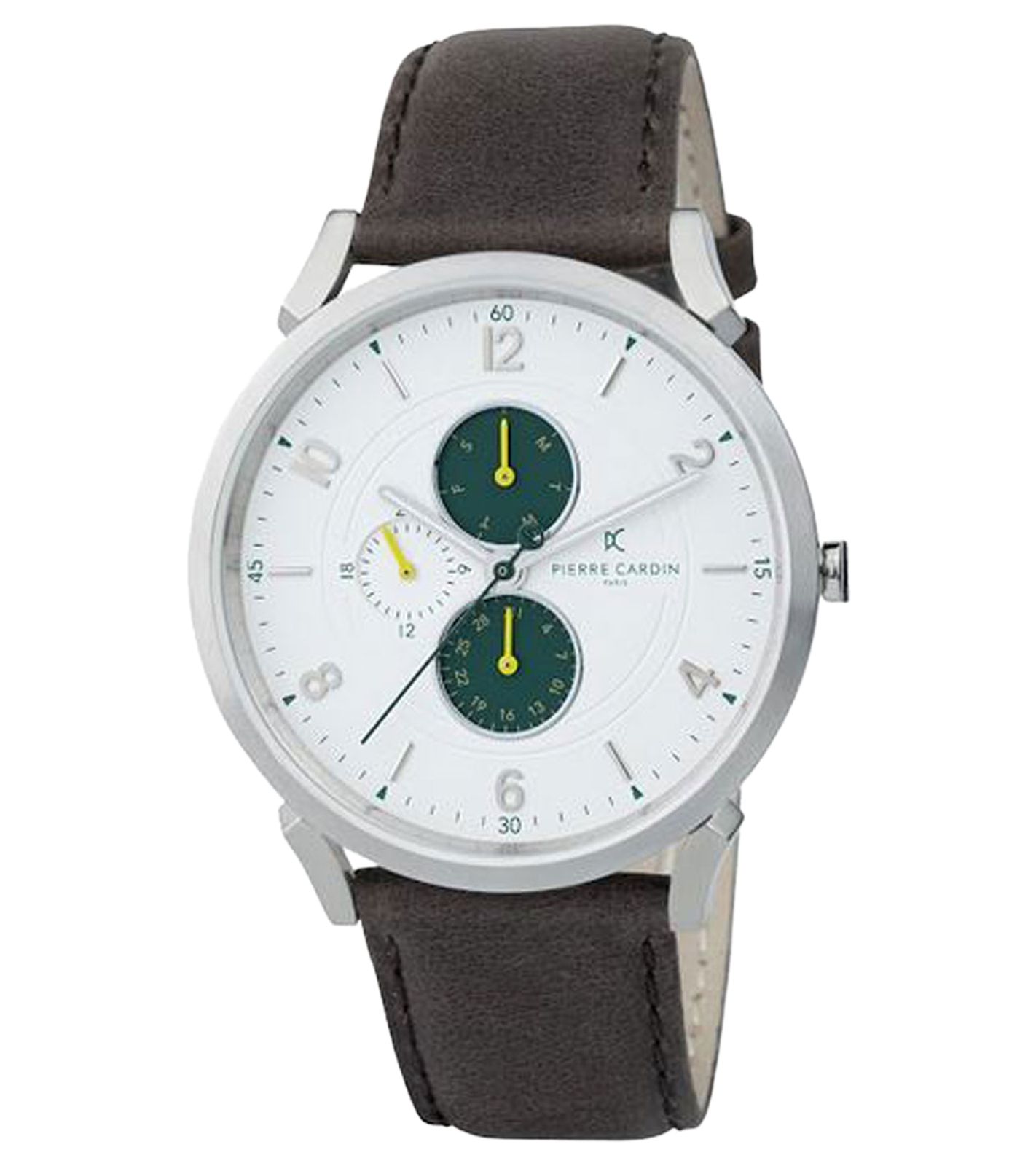 Pierre Cardin Herren Armband-Uhr mit Multi-Ziffernblatt analoge Quarz-Uhr mit Leder-Armband 3ATM 44mm CPI.2057 Silber/Braun/Grün