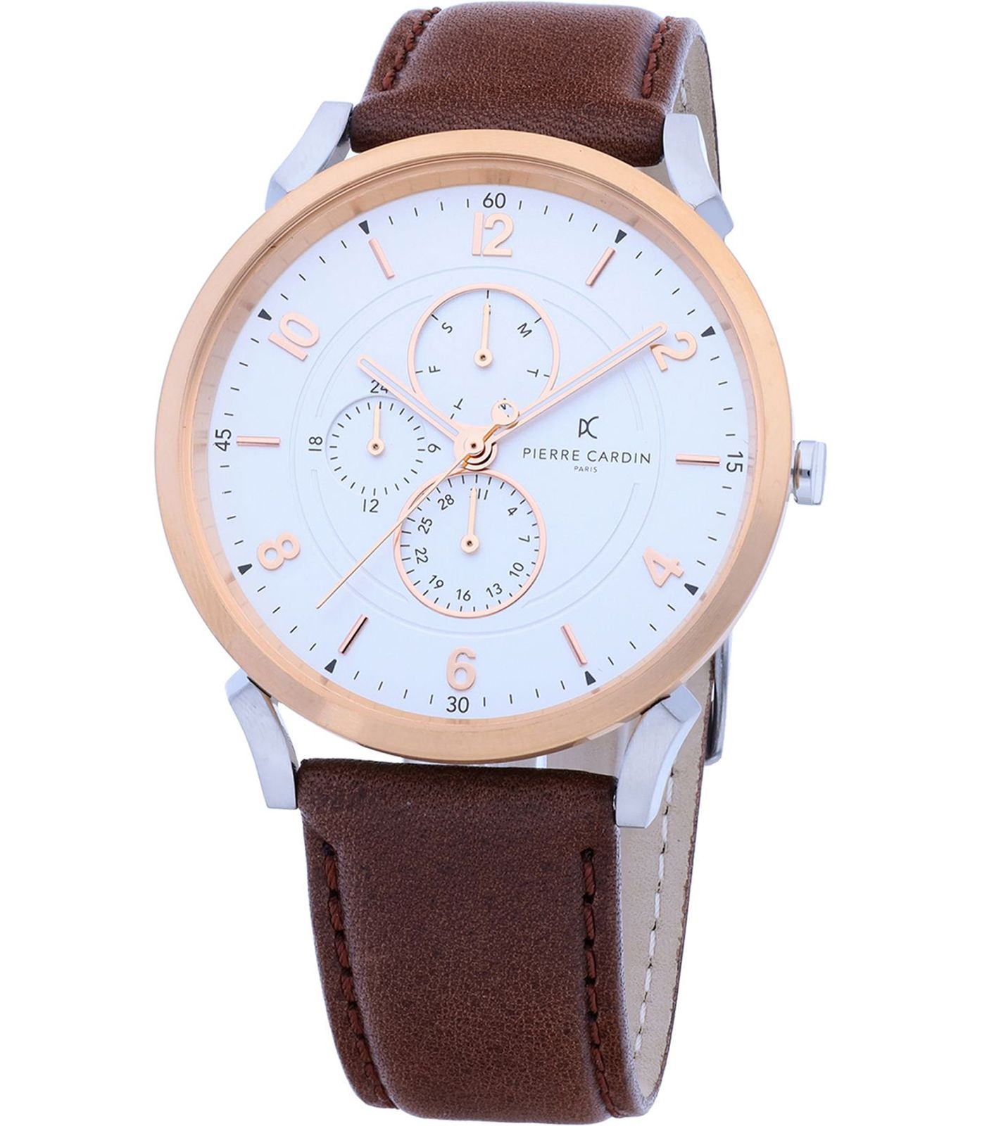 Pierre Cardin Herren Armband-Uhr mit Multi-Ziffernblatt analoge Quarz-Uhr mit Leder-Armband 3ATM 44mm CPI.2060 Braun/Rosegold/Silber