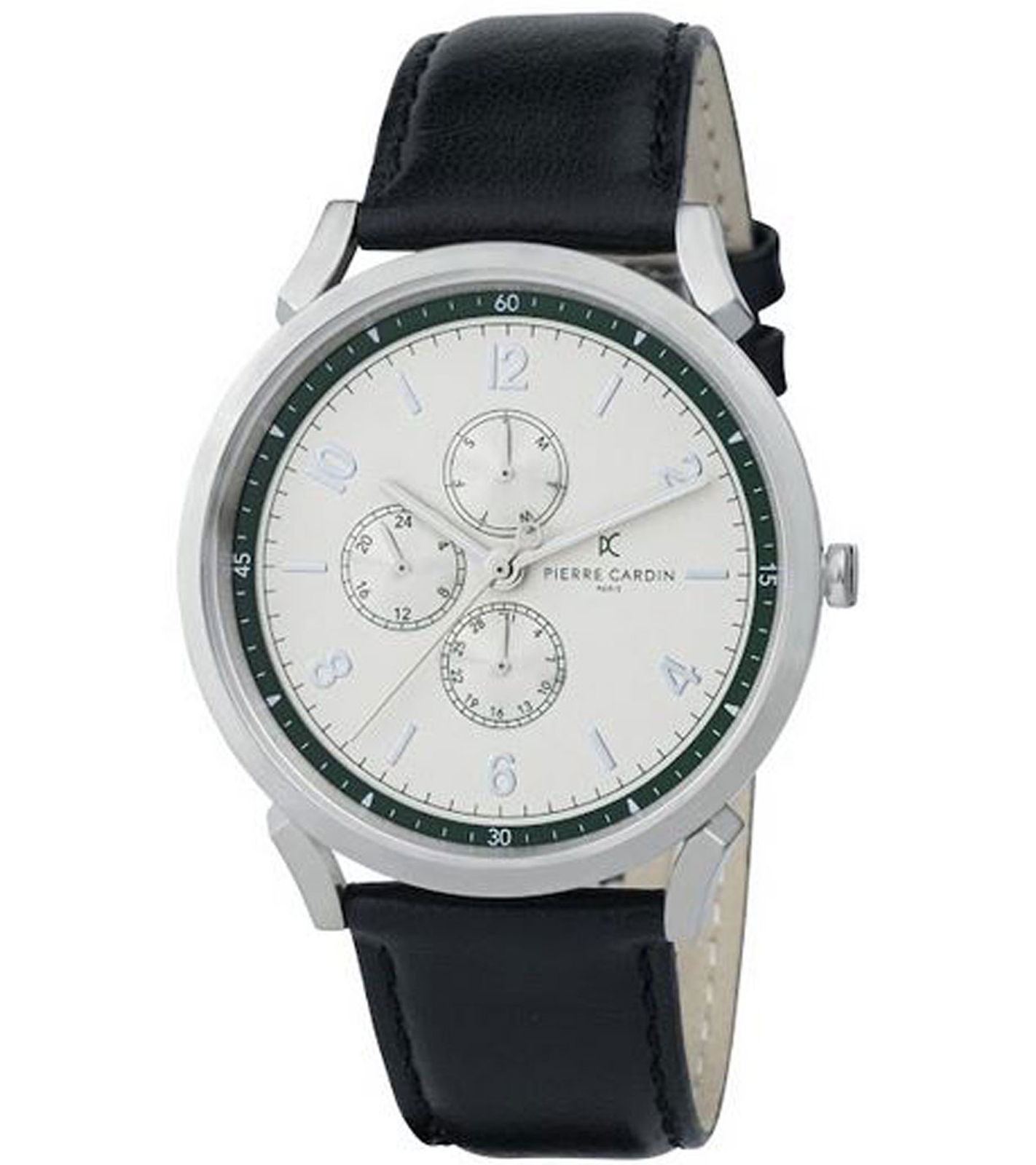 Pierre Cardin Herren Armband-Uhr mit Multi-Ziffernblatt analoge Quarz-Uhr mit Leder-Armband 3ATM 44mm CPI.2062 Schwarz/Silber/Grün