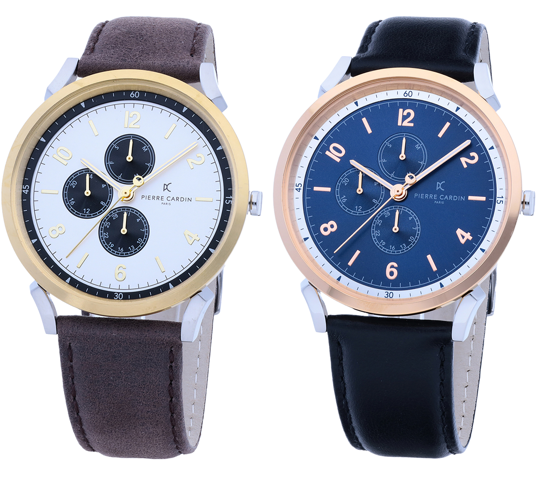 Pierre Cardin Herren Armband-Uhr mit Multi-Ziffernblatt analoge Quarz-Uhr mit Leder-Armband 3ATM 44mm in Braun/Gold/Silber oder Schwarz/Silber/Blau/Rosegold