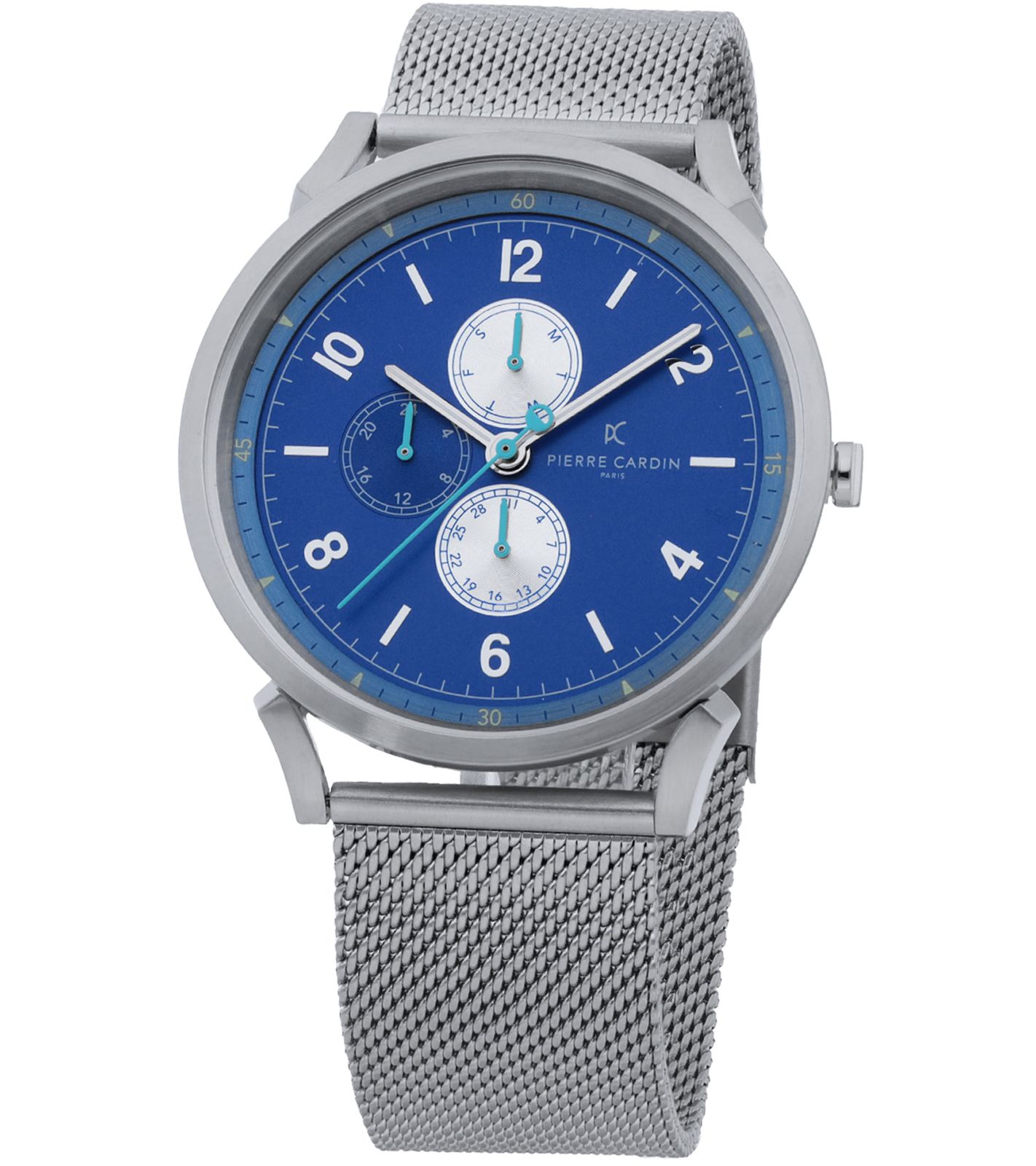 Pierre Cardin Herren Armband-Uhr mit Multi-Ziffernblatt und farblichen Akzenten analoge Quarz-Uhr mit Edelstahl-Armband 3ATM 44mm CPI.2064 Silber/Blau