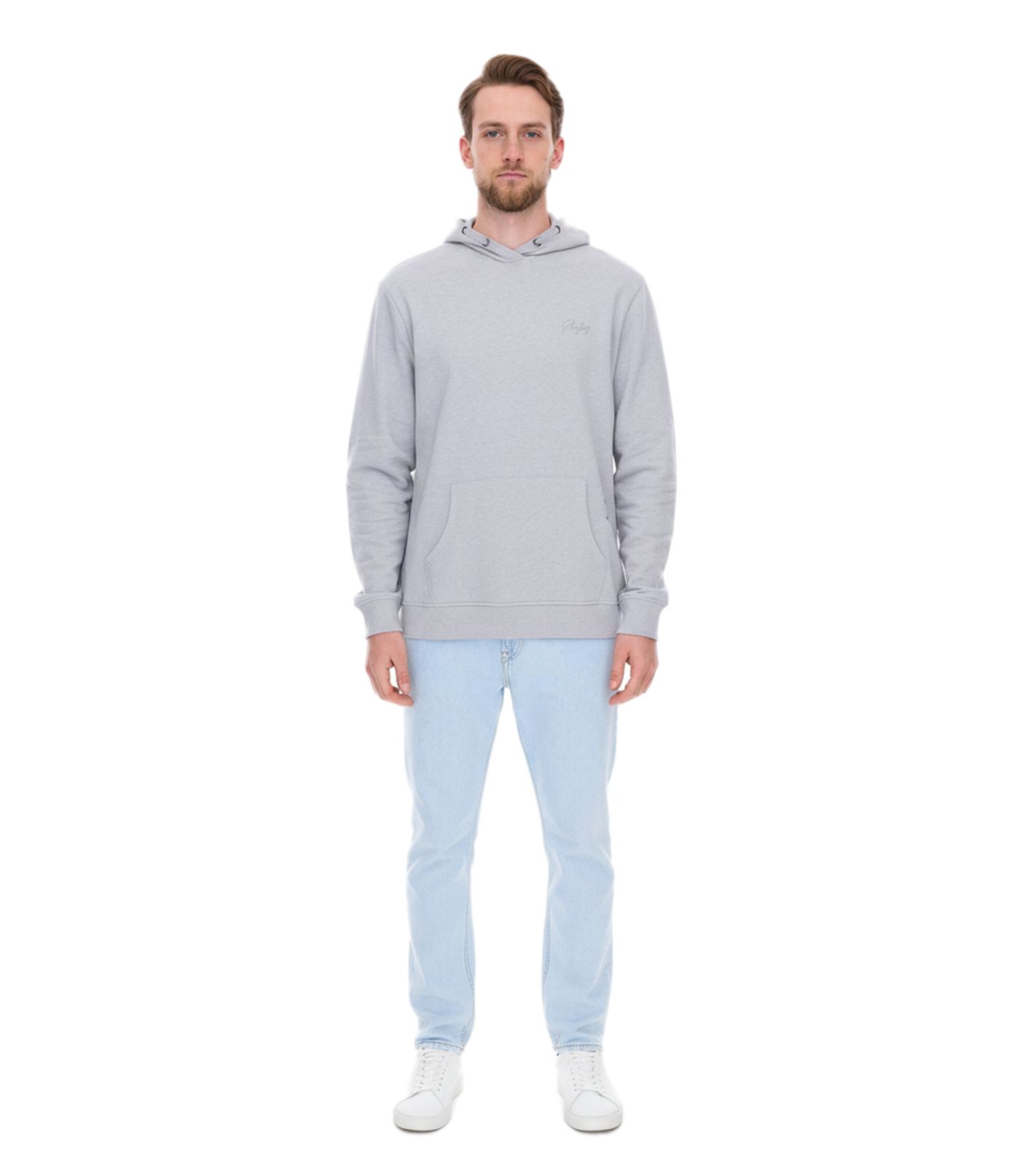 PLAYBOY Herren Baumwoll-Pullover Langarm-Shirt mit Kapuze Hoodie Grau