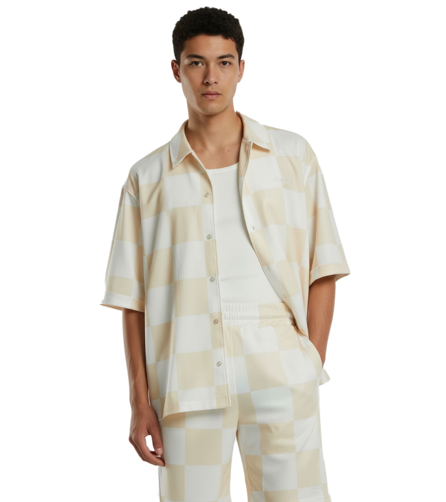 Prohibited Checke Herren Kurzarm-Hemd im Karomuster Business-Shirt PC005010 Beige/Weiß