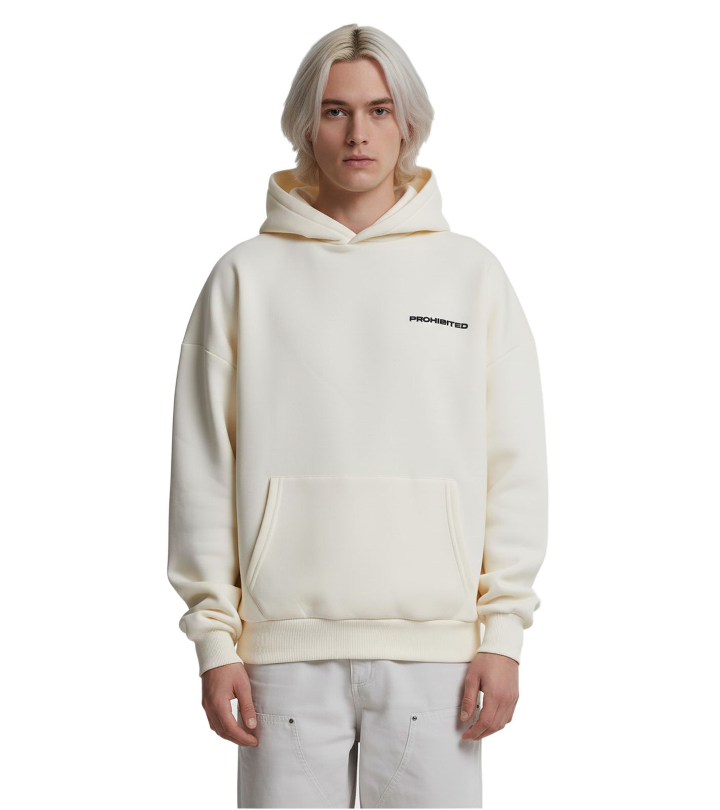 Prohibited Herren Hoodie Kapuzen-Pullover mit Logo-Schriftzug Baumwoll-Hoodie 10119 Cream-Weiß