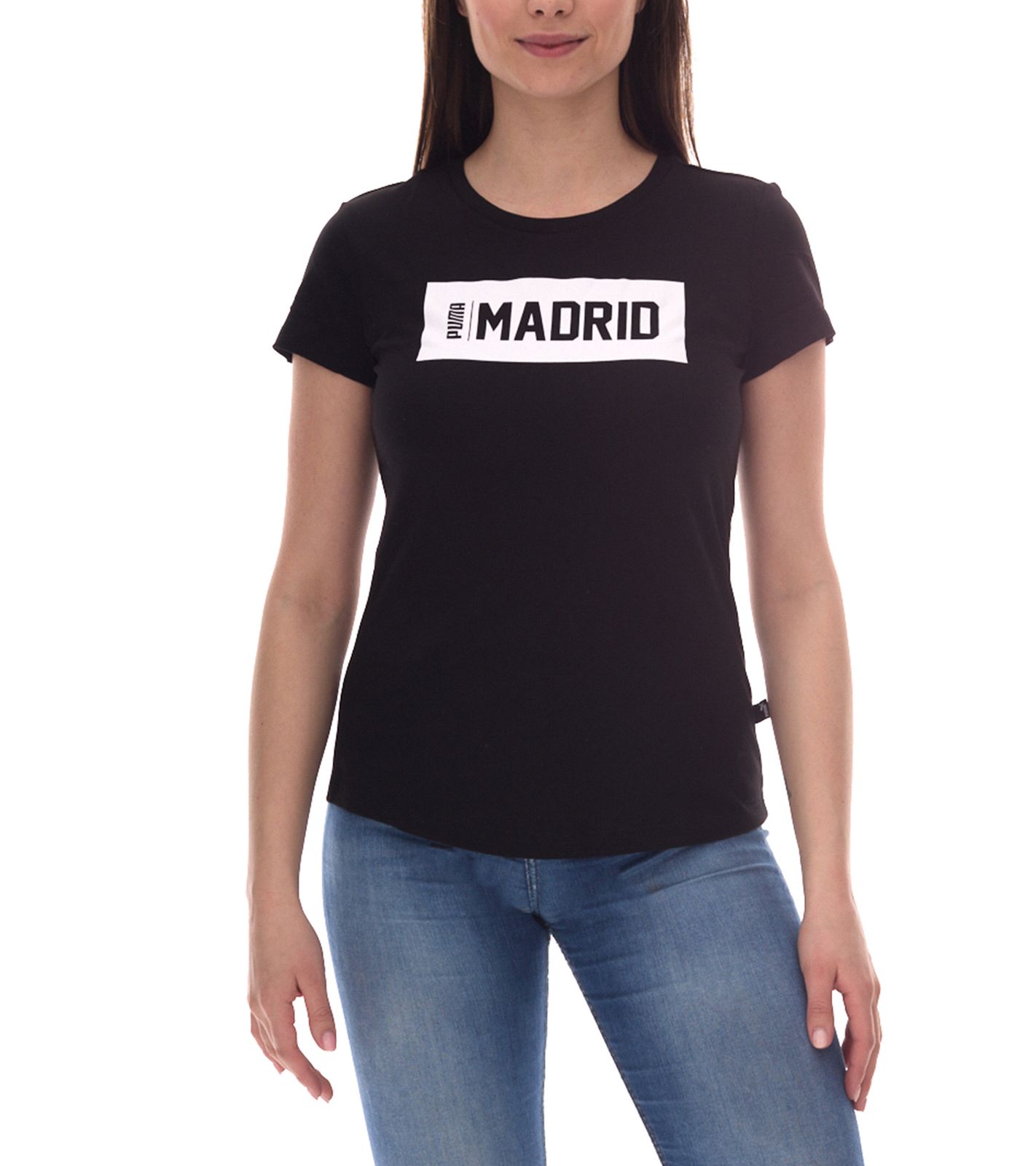 PUMA City Damen Baumwoll-Shirt mit Madrid Schriftzug Kurzarm-Shirt Rundhals-Shirt 575957 15 Schwarz/Weiß