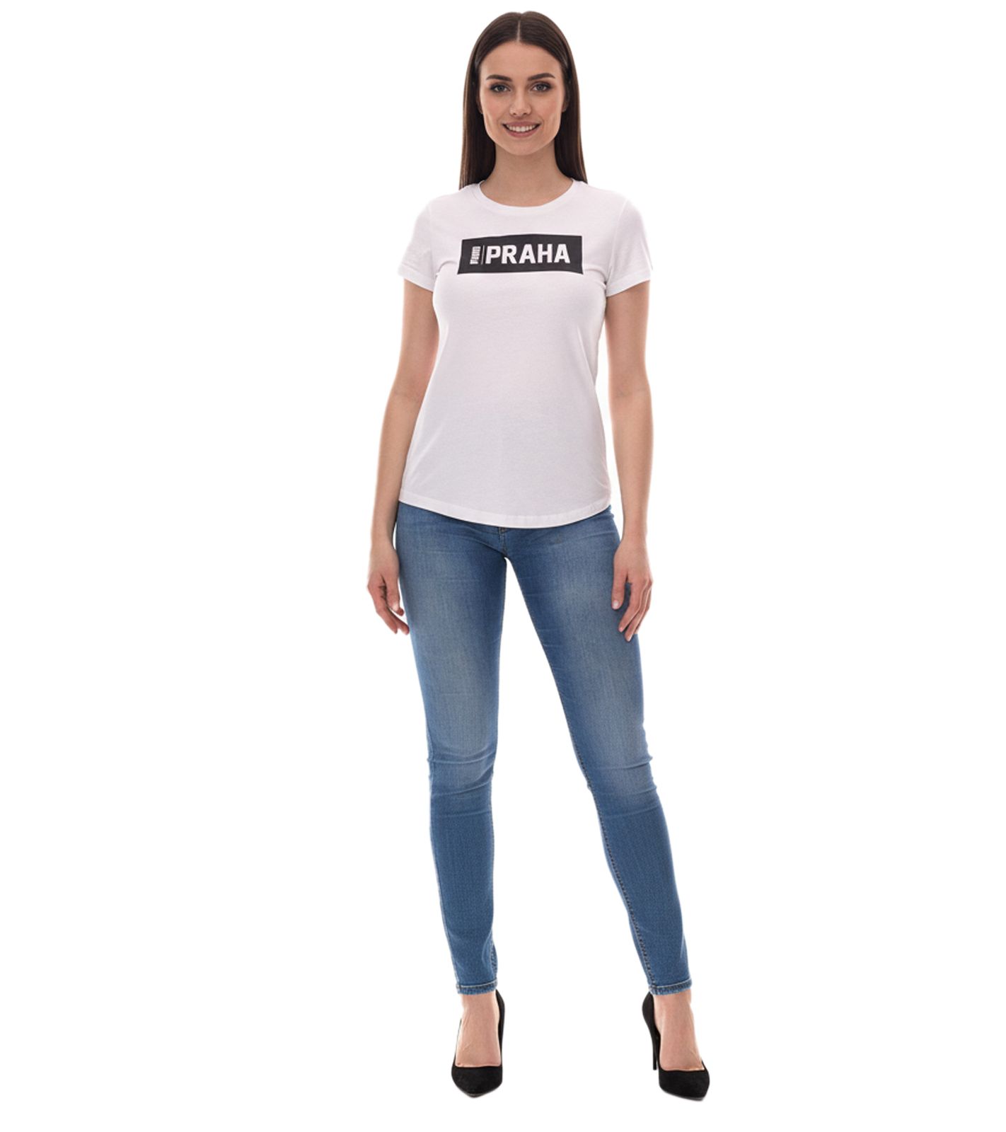 PUMA City Damen Baumwoll-Shirt mit Praha/Prag Schriftzug Kurzarm-Shirt Rundhals-Shirt 575957 20 Weiß/Schwarz