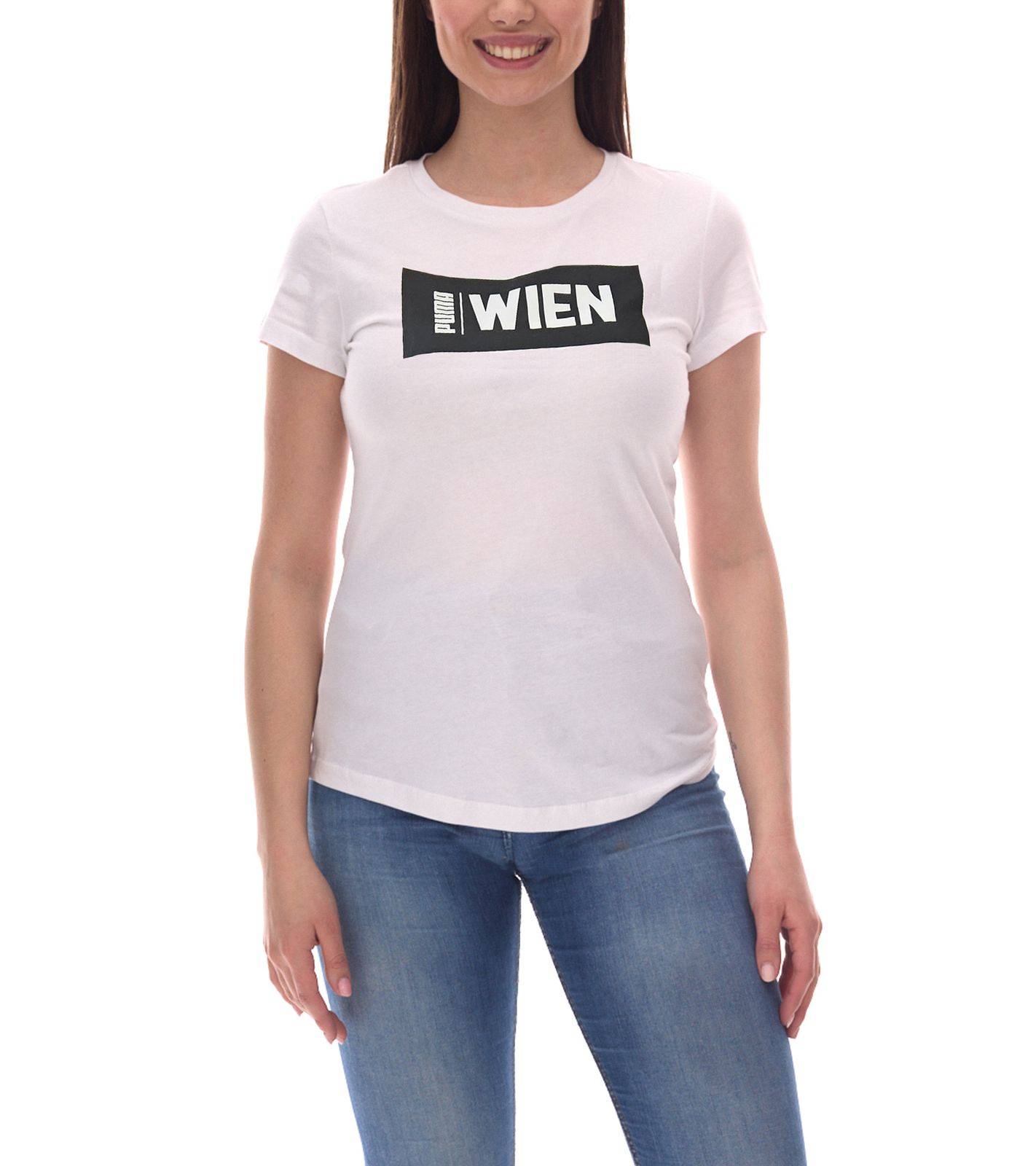 PUMA City Damen Baumwoll-Shirt mit Wien Schriftzug Kurzarm-Shirt Rundhals-Shirt 575957 24 Weiß/Schwarz