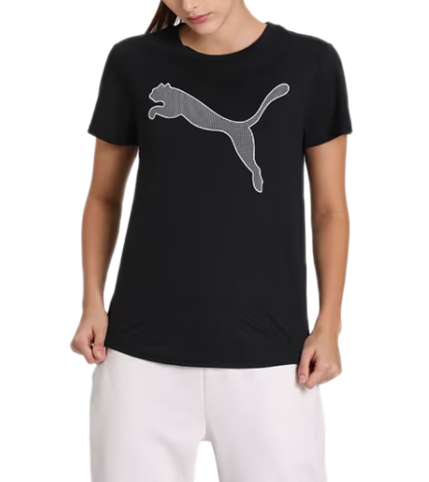 PUMA Damen leichtes T-Shirt mit PUMA-Logo Kurzarm-Shirt Rundhals-Shirt 585941 01 Schwarz/Weiß