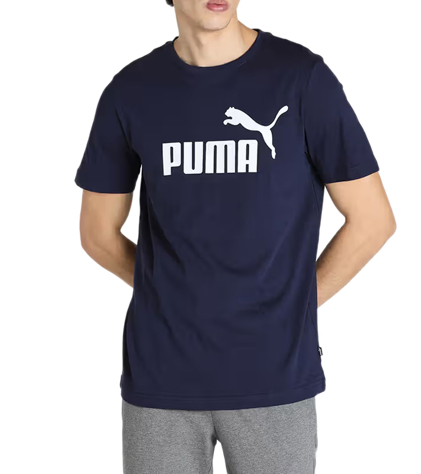 PUMA Herren Baumwoll-Shirt mit großem PUMA-Schriftzug Rundhals-Shirt Sport-Shirt 854742 05 Dunkelblau/Weiß