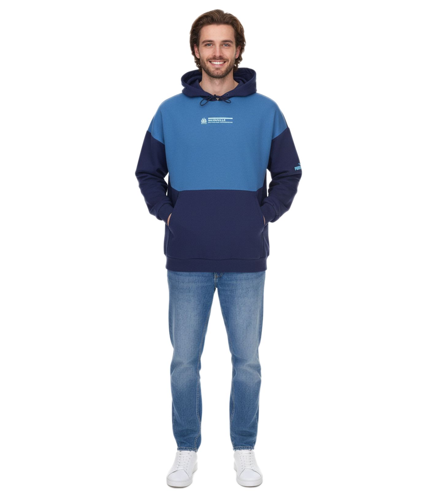 PUMA OLYMPIQUE DE MARSEILLE Herren Kapuzen-Pullover nachhaltiger Baumwoll-Hoodie mit Logo-Schriftzug 771970 15 Blau