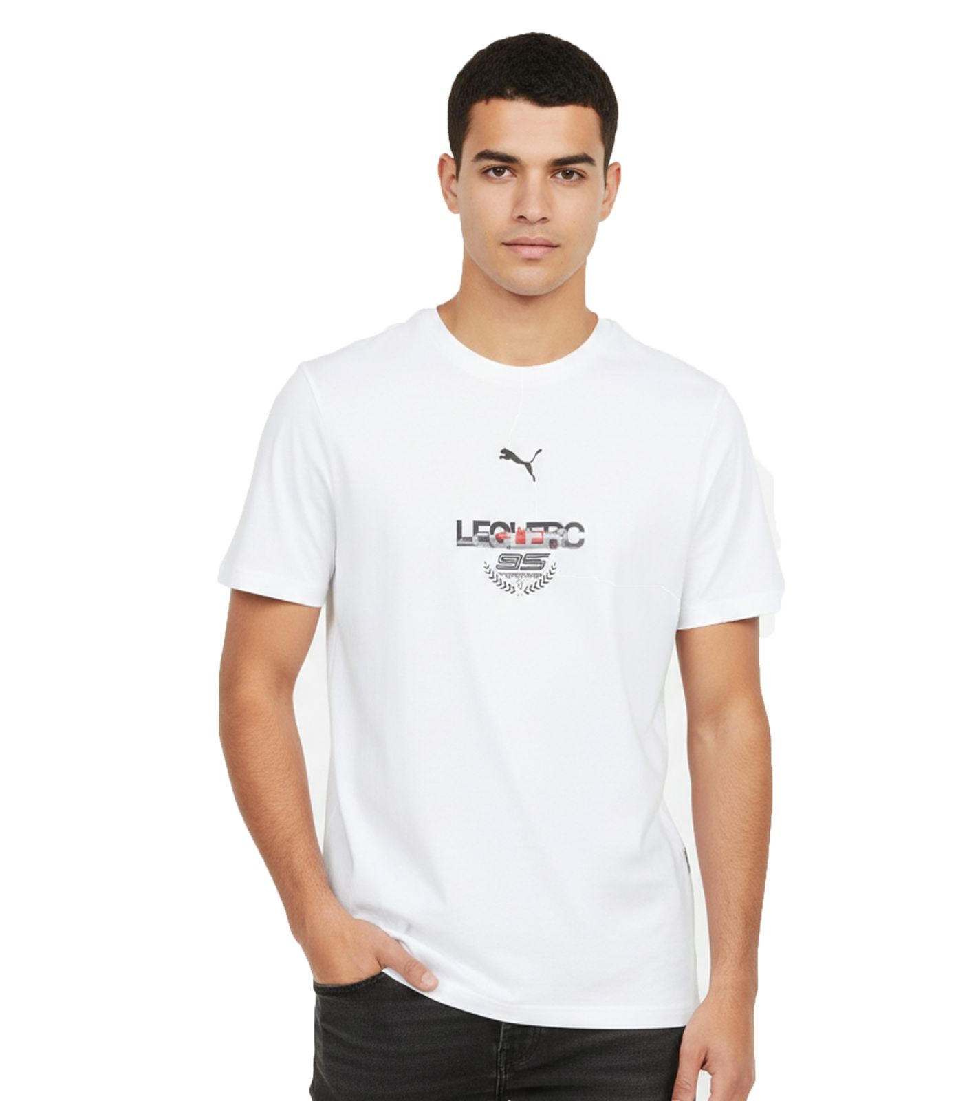 PUMA X Scuderia Ferrari Charles Leclerc Herren Motorsport-T-Shirt mit Namen und Logo Baumwoll-Shirt 625656 02 Weiß