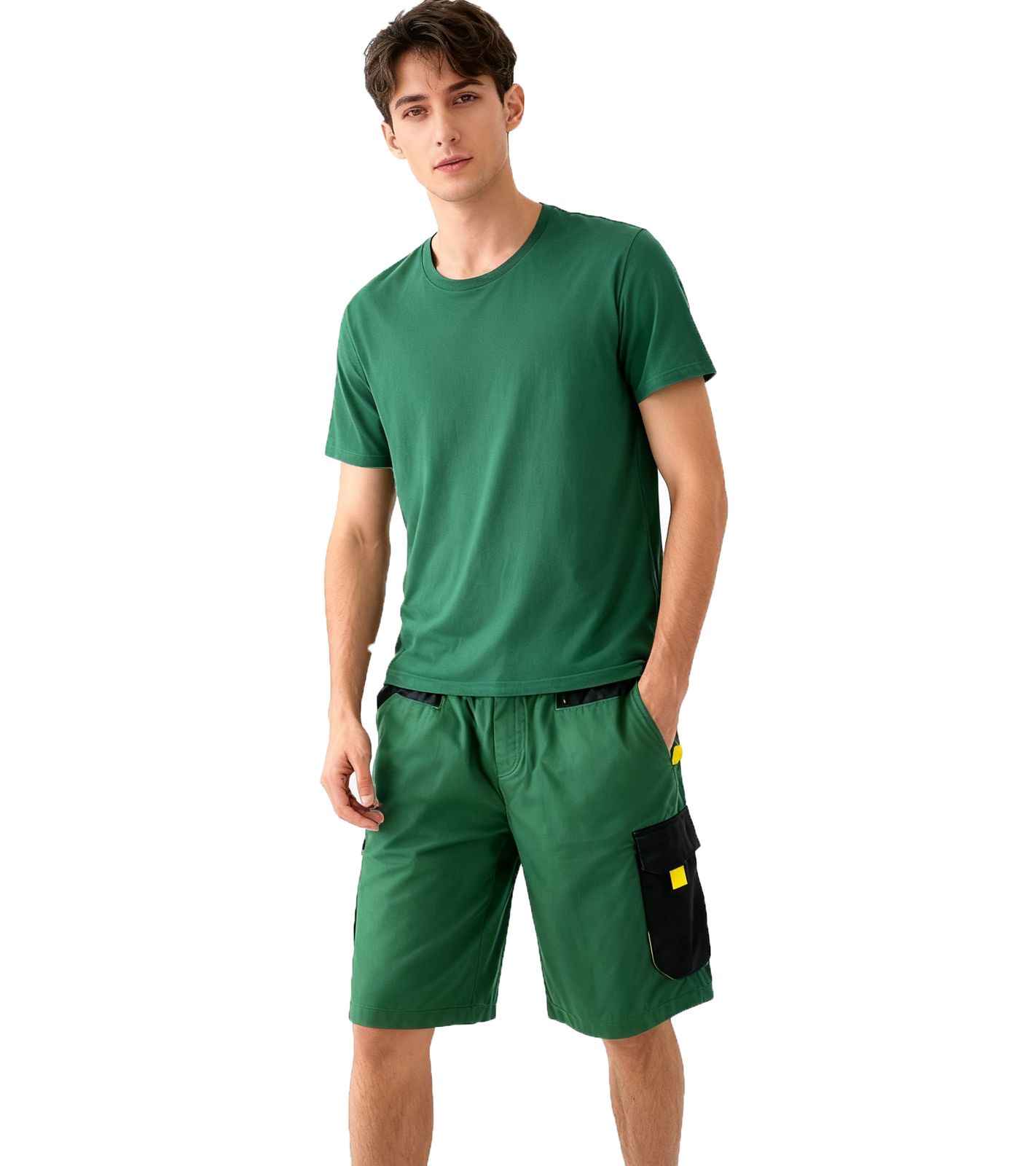 PUREWORK Herren Arbeits-Shorts mit 6 Taschen Cargo-Bermuda nachhaltige Arbeits-Hose Grün/Schwarz/Gelb