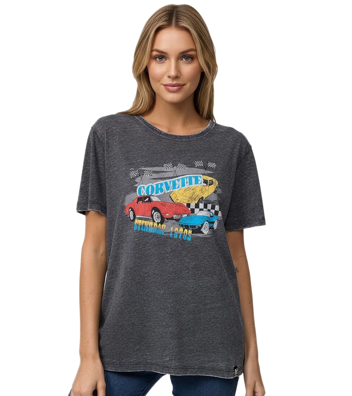 RE:COVERED Vintage Corvette Damen T-Shirt mit Auto-Print Baumwoll-Shirt Kurzarm-Shirt MMPKC478 Grau