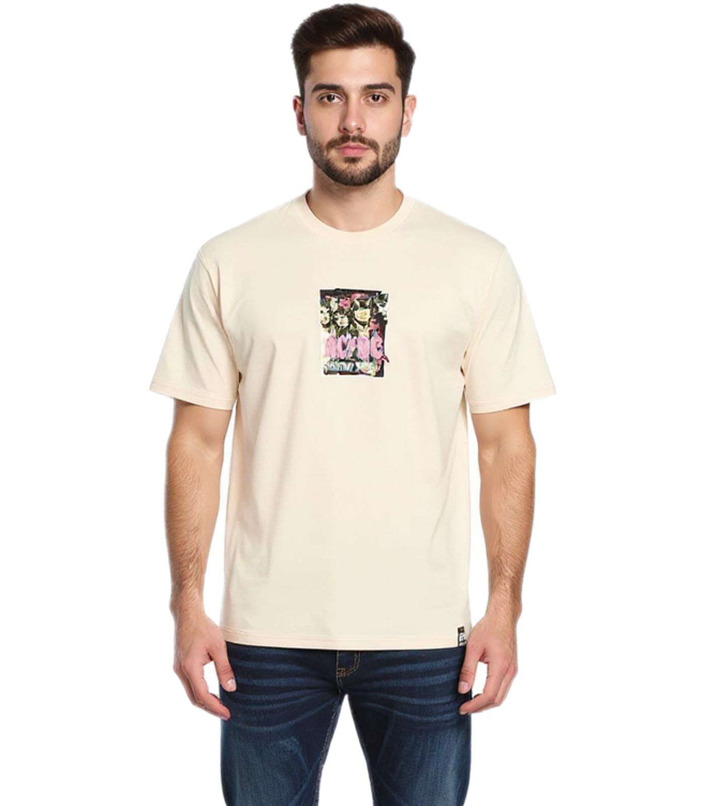 RE:COVERED X ACDC Herren T-Shirt mit ACDC-Band Print Baumwoll-Shirt mit großem Schriftzug Rundhals-Shirt MMPER771 Beige