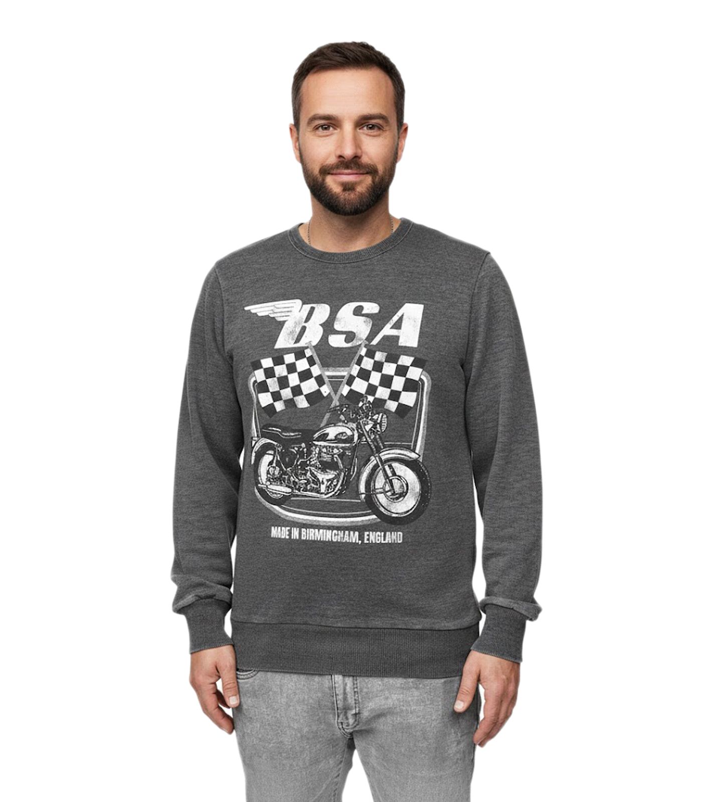 RE:COVERED X BSA Herren Rundhals-Pullover mit "British Motor Flag"-Print Langarm-Shirt Sweat-Shirt MMBSA301 Grau