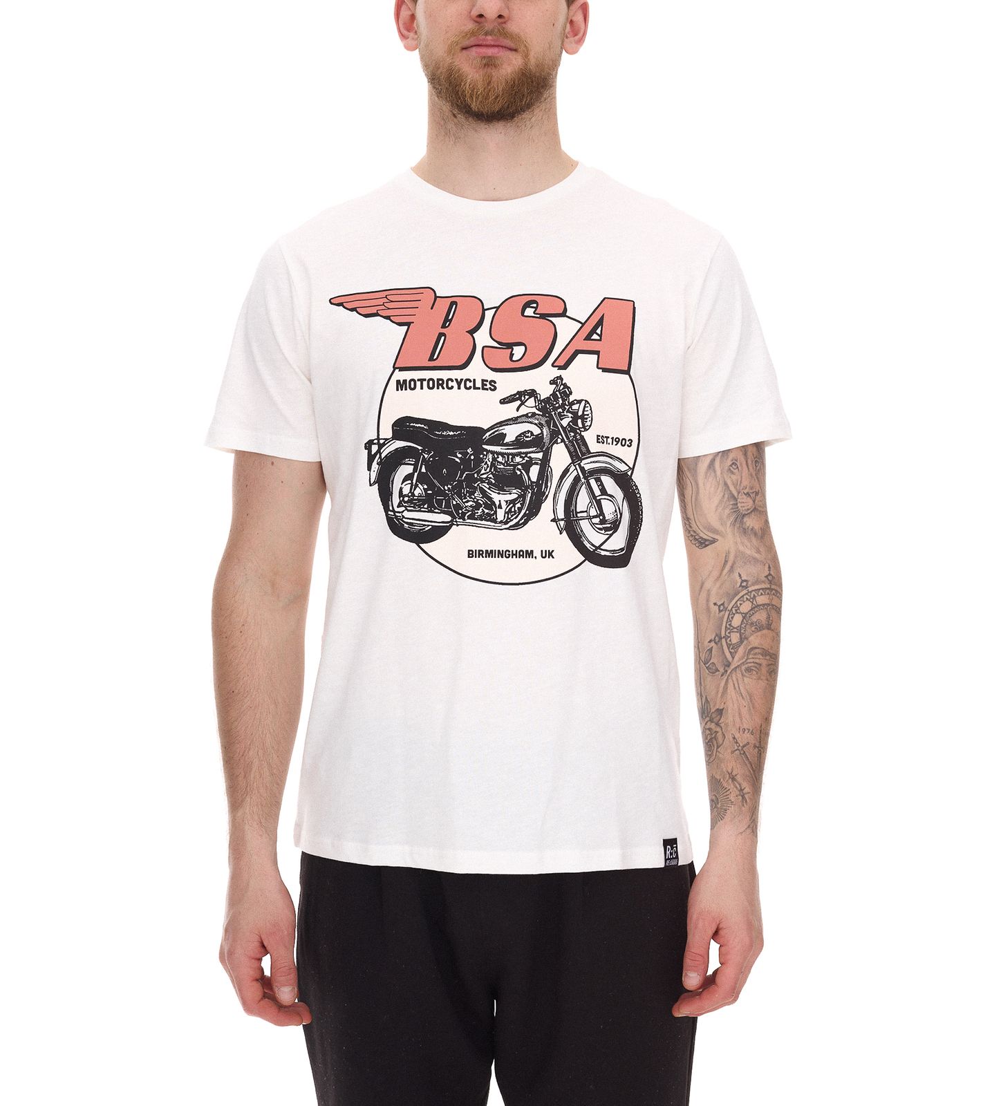 RE:COVERED X BSA Herren T-Shirt mit Birmingham Motorrad-Print Baumwoll-Shirt Rundhals-Shirt MMBSA296 Ecru-Weiß