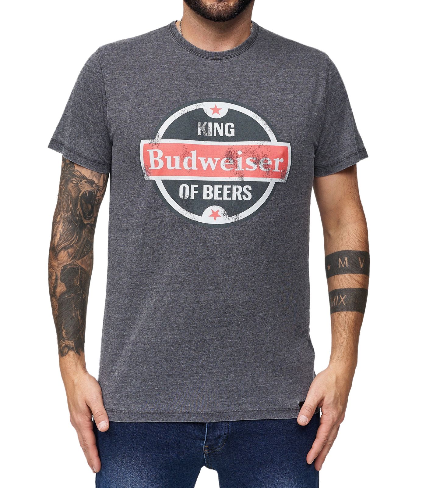 RE:COVERED X BUDWEISER Herren T-Shirt mit großem "King of Beers"-Print Alltags-Shirt Kurzarm-Shirt MMABI399 Grau