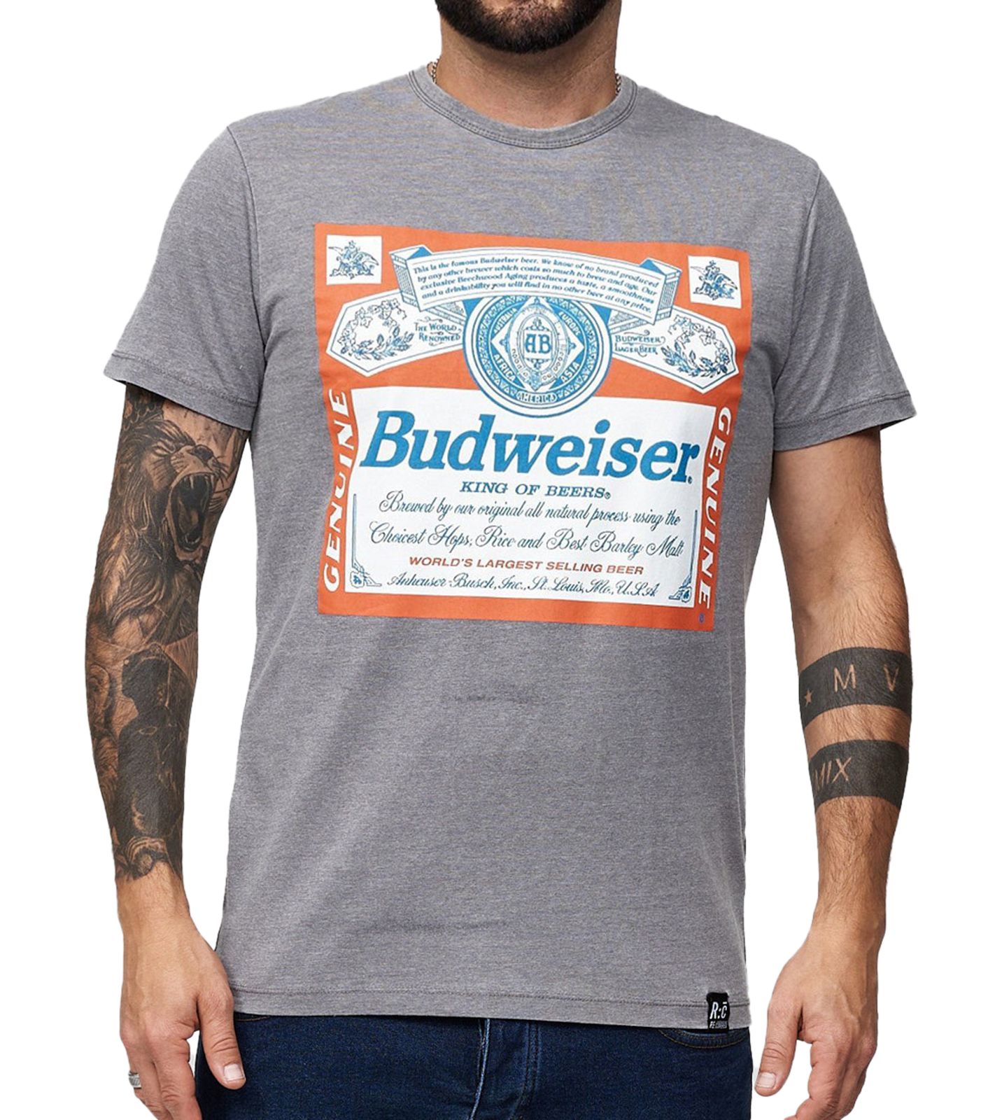 RE:COVERED X BUDWEISER Herren T-Shirt mit großem "King of Beers"-Print Alltags-Shirt Kurzarm-Shirt MMABI408 Grau
