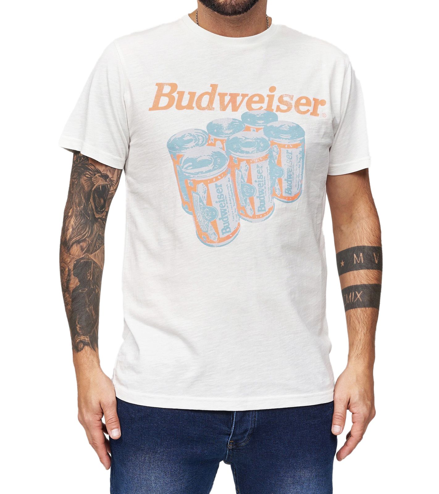 RE:COVERED X BUDWEISER Herren T-Shirt mit großem Six Pack-Print Baumwoll-Shirt Kurzarm-Shirt MMABI403 Ecru-Weiß