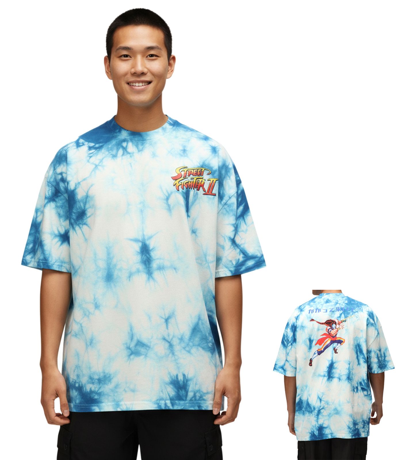 RE:COVERED X CAPCOM Herren T-Shirt mit Street Fighter Vega-Print Baumwoll-Shirt Rundhals-Shirt Oversized MMDIF1879 Blau