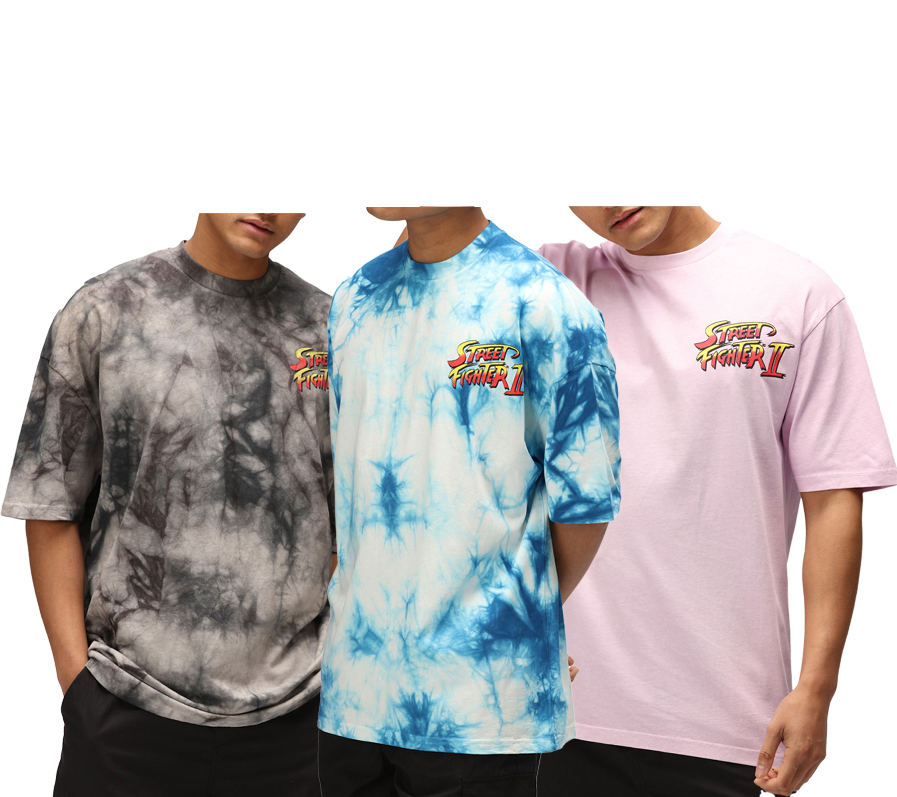 RE:COVERED X CAPCOM Herren T-Shirt mit Street Fighter Vega, Ryu, Blanka-Print Baumwoll-Shirt Rundhals-Shirt MMDIF18 Blau/Grau/Violett