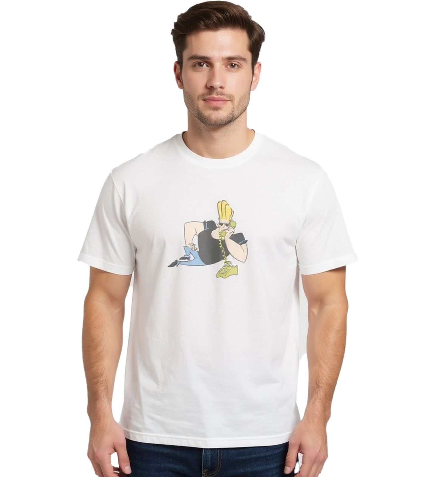 RE:COVERED X Cartoon Network Herren T-Shirt Johnny Bravo Baumwoll-Shirt Rundhals-Shirt RCWARN752 Hellbeige