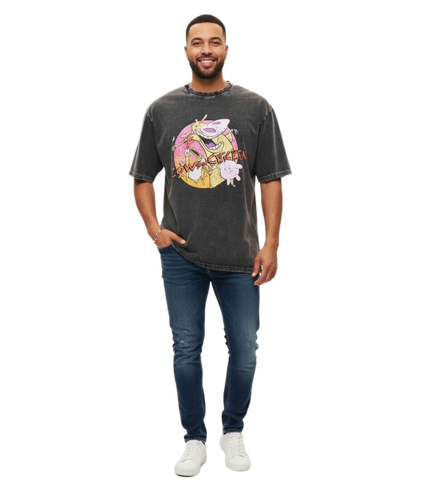RE:COVERED X Cartoon Network Herren T-Shirt mit Cow & Chicken Print Baumwoll-Shirt Rundhals-Shirt RCWARN754 Grau