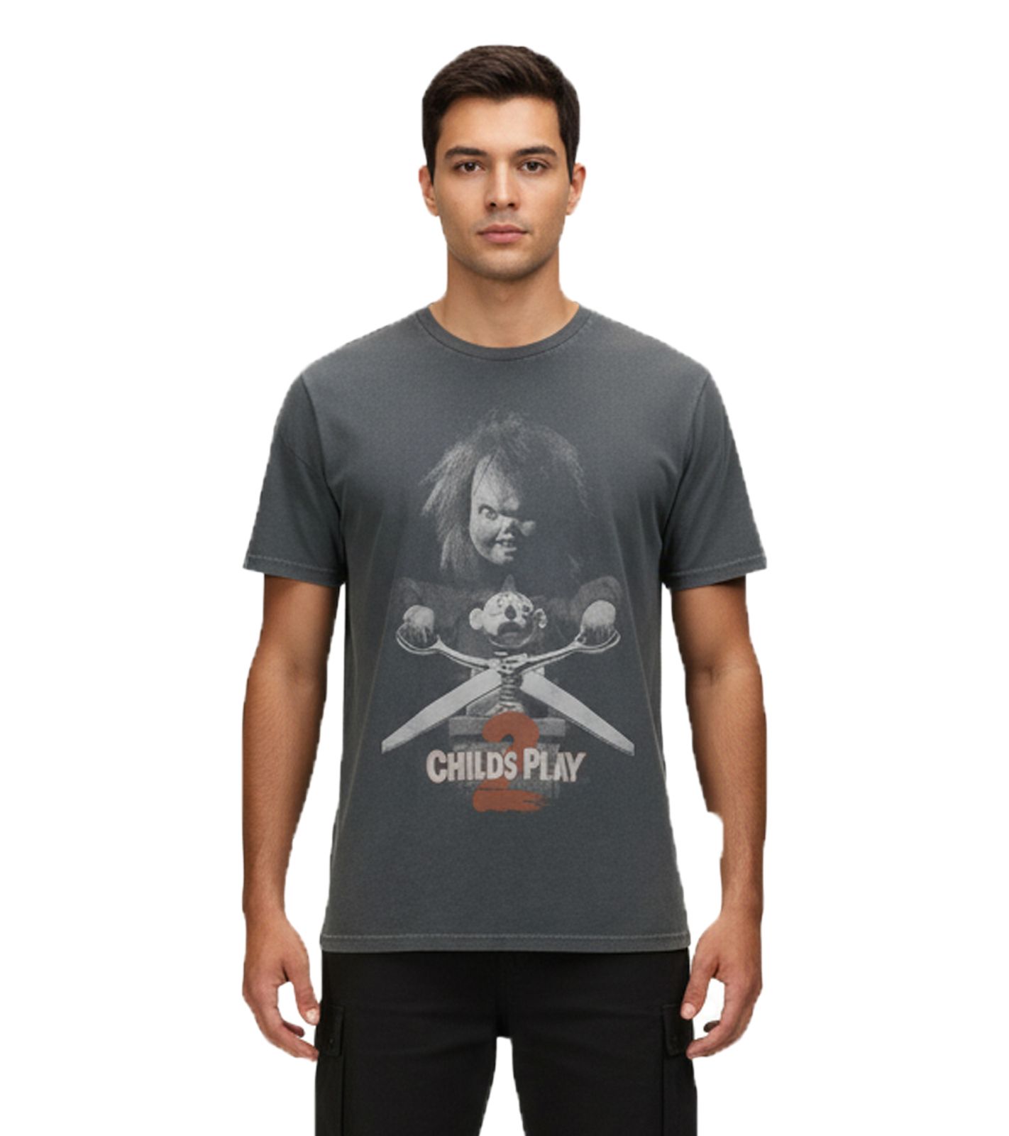 RE:COVERED X Chucky 2 Child's Play Herren T-Shirt mit Puppen-Print Baumwoll-Shirt Rundhals-Shirt RCUNV2572 Grau