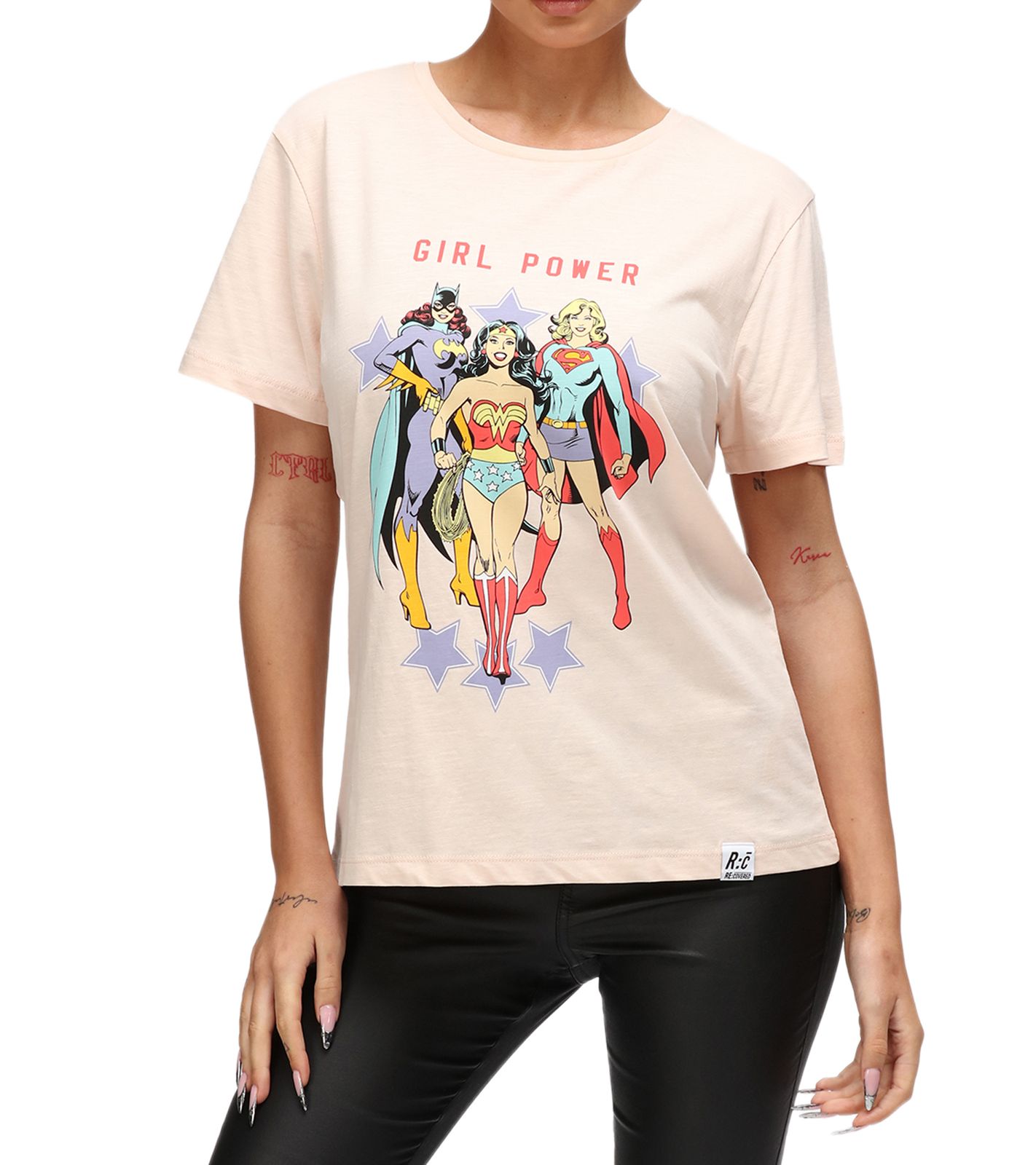 RE:COVERED X DC Damen T-Shirt mit Girl Power Aufdruck Baumwoll-Shirt Rundhals-Shirt RCWARN614 Rosa