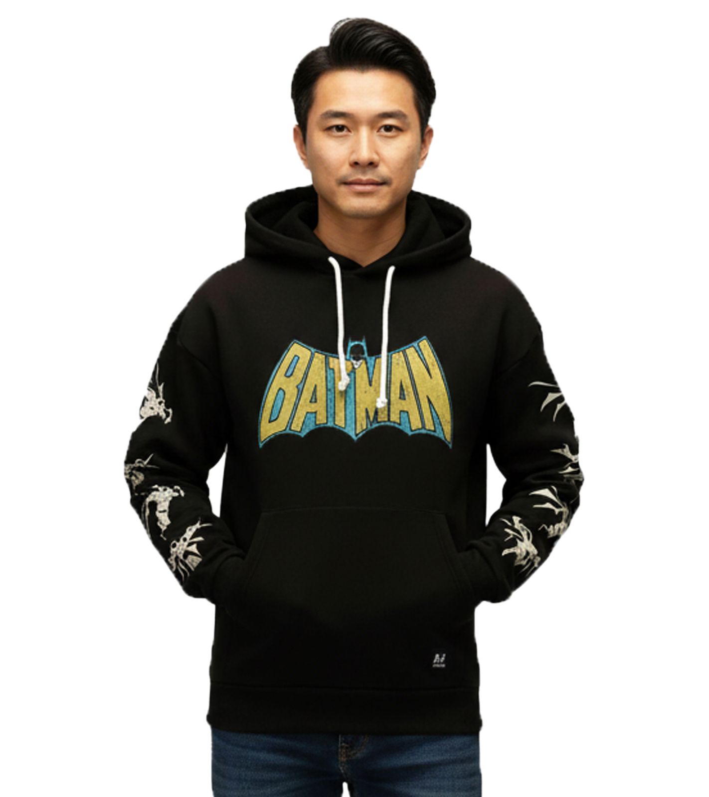 RE:COVERED X DC Herren Kapuzen-Pullover mit BATMAN Logo Baumwoll-Hoody Langarm-Shirt RCWARN554 Schwarz
