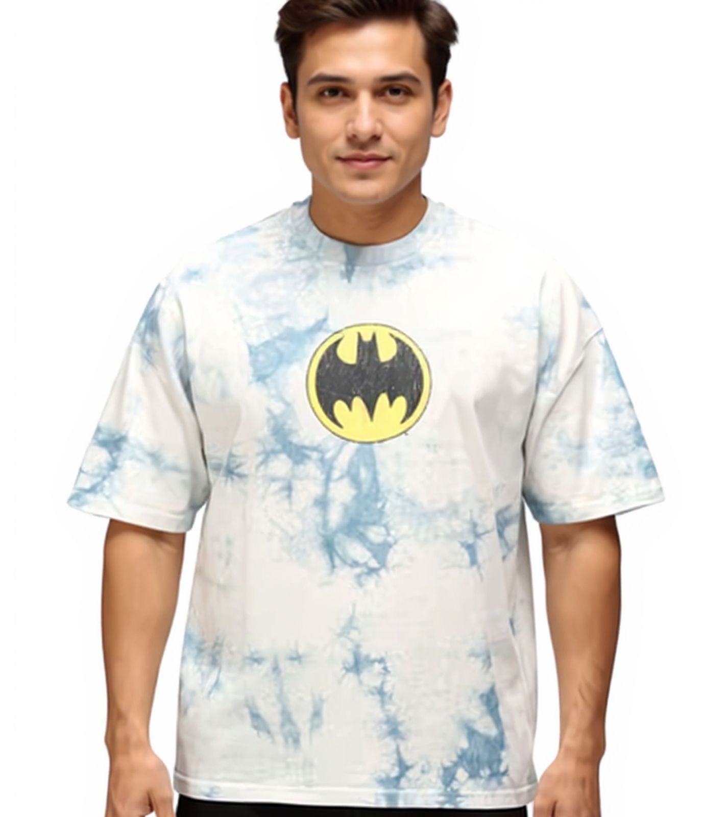 RE:COVERED X DC Herren T-Shirt BATMAN Split Baumwoll-Shirt im Batik-Design Rundhals-Shirt RCWARN553 Grau