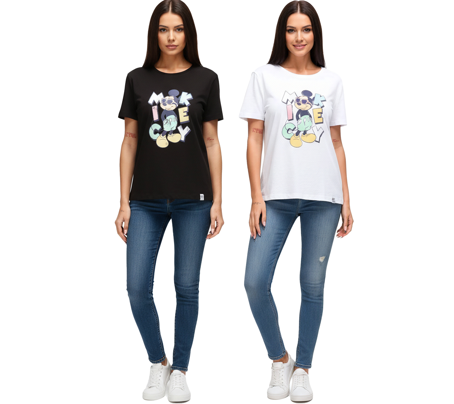 RE:COVERED X Disney Damen nachhaltiges T-Shirt mit Mickey Mouse Aufdruck in Pastell-Farben Baumwoll-Shirt Rundhals-Shirt RCDIF207 Weiß oder Schwarz
