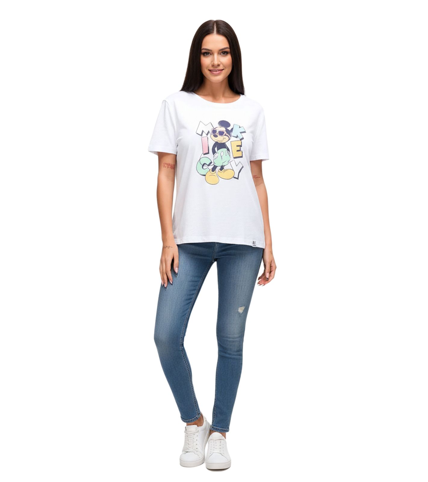 RE:COVERED X Disney Damen nachhaltiges T-Shirt mit Mickey Mouse Aufdruck in Pastell-Farben Baumwoll-Shirt Rundhals-Shirt RCDIF2072 Weiß