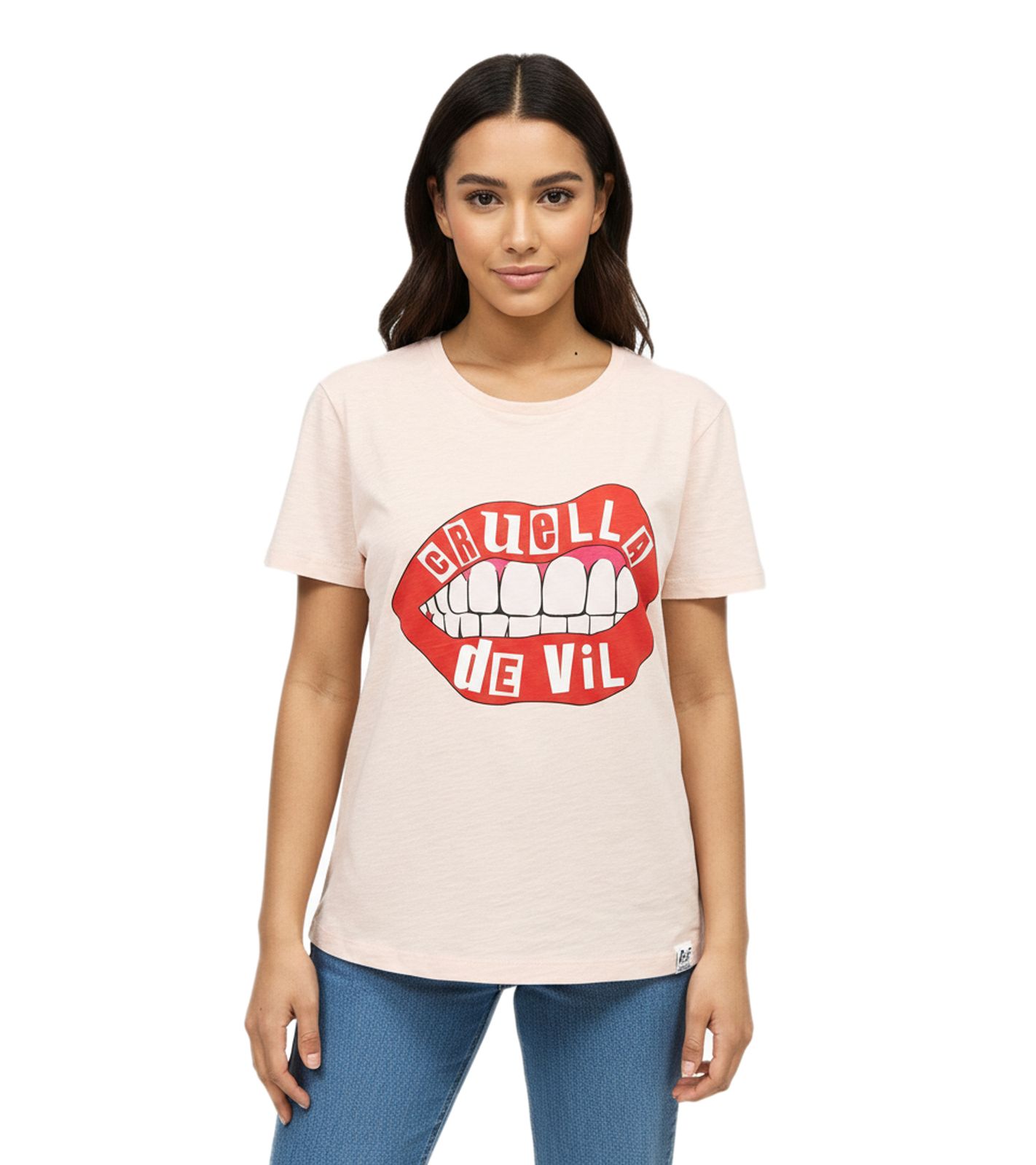 RE:COVERED X Disney Damen T-Shirt mit Cruella Devil Lips Aufdruck Baumwoll-Shirt Rundhals-Shirt MMDIS2596 Rosa