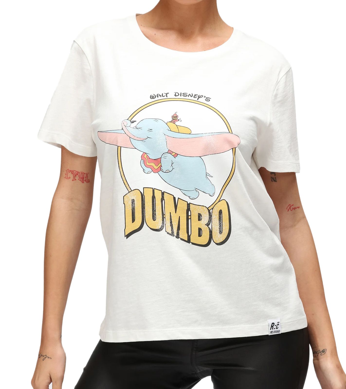 RE:COVERED X Disney Damen T-Shirt mit Dumbo-Aufdruck Baumwoll-Shirt Rundhals-Shirt RCDIF2068 Woll-Weiß