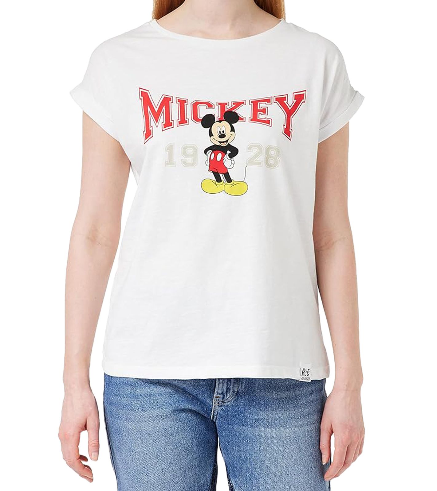 RE:COVERED X Disney Damen T-Shirt mit Mickey Mouse 1928 Print Baumwoll-Shirt Rundhals-Shirt RCDIF2061 Weiß