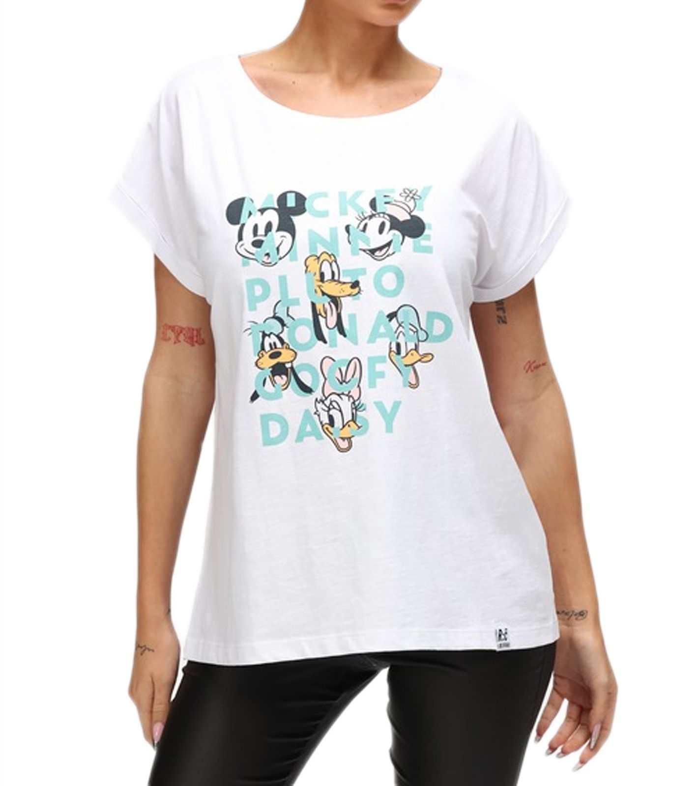 RE:COVERED X Disney Damen T-Shirt mit Mickey Mouse and Friends Aufdruck Baumwoll-Shirt Rundhals-Shirt RCDIF2065 Weiß
