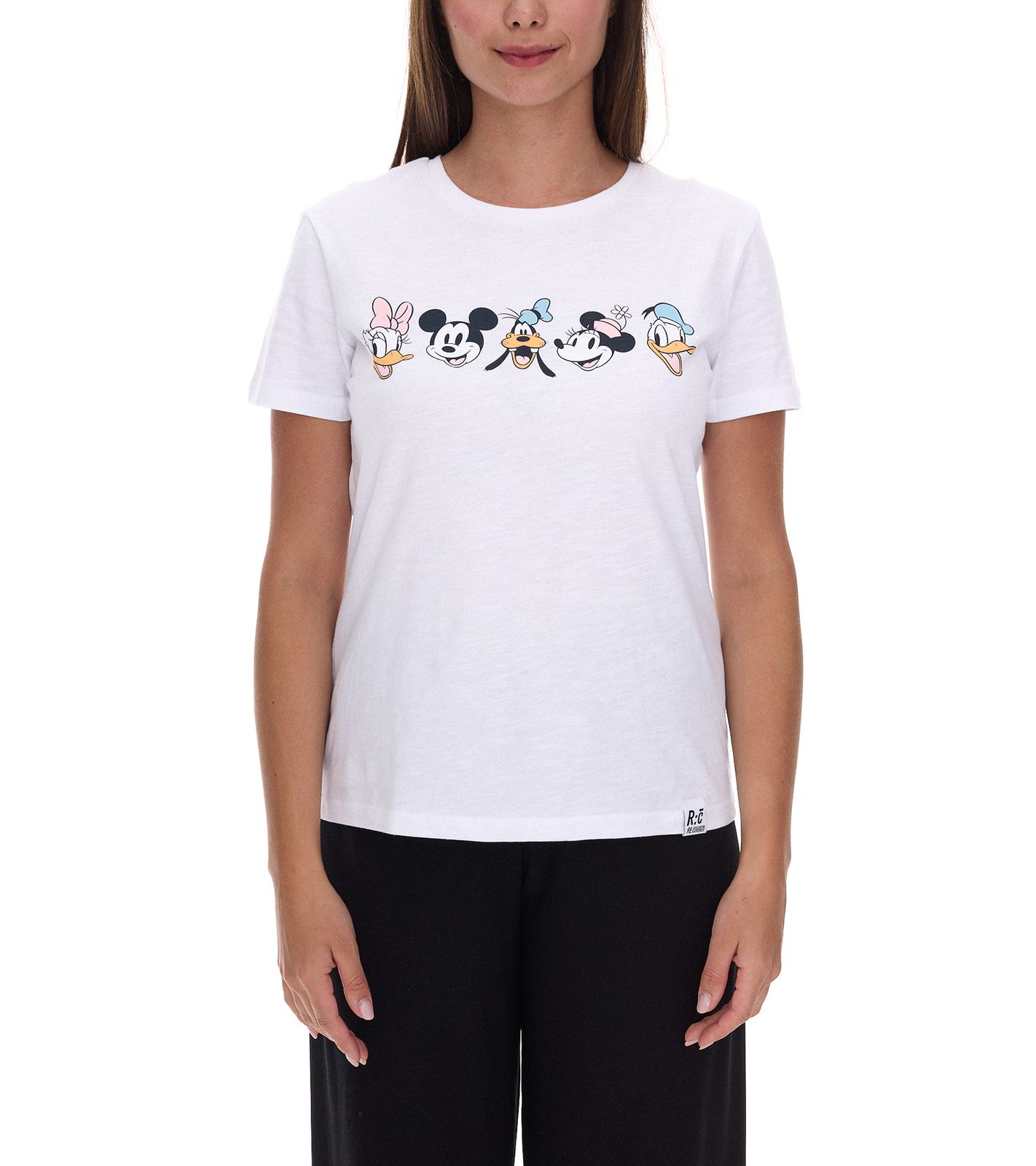 RE:COVERED X Disney Damen T-Shirt mit Mickey Mouse and Friends Design Baumwoll-Shirt Rundhals-Shirt RCDIF2063 Weiß