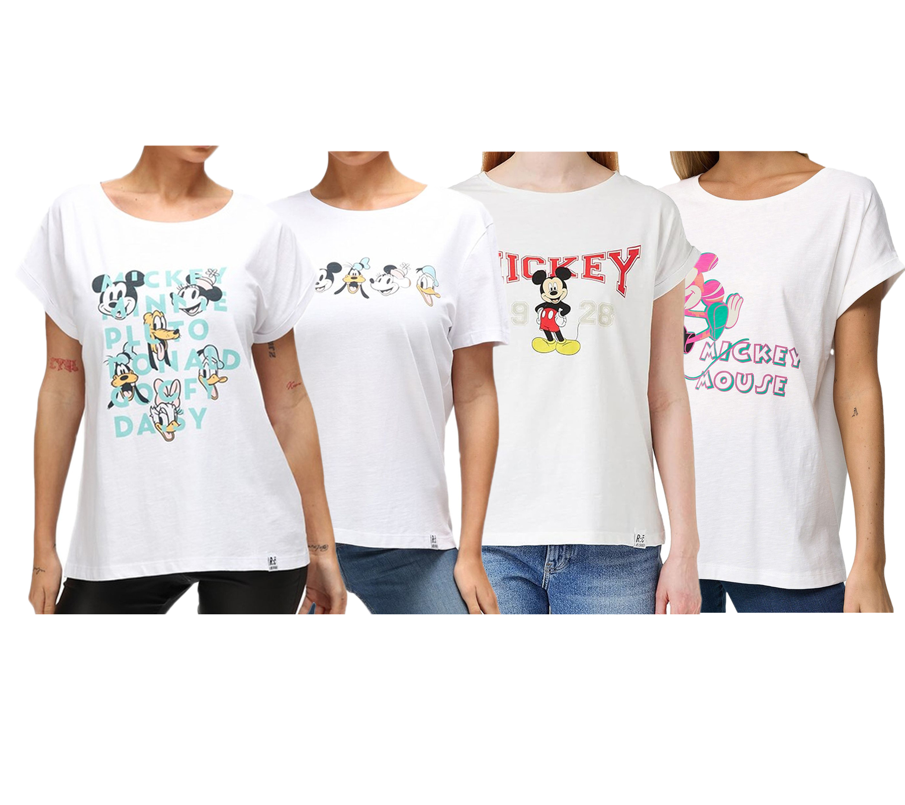 RE:COVERED X Disney Damen T-Shirt mit Mickey Mouse and Friends oder Mickey Mouse 1928 Aufdruck Baumwoll-Shirt Rundhals-Shirt Weiß