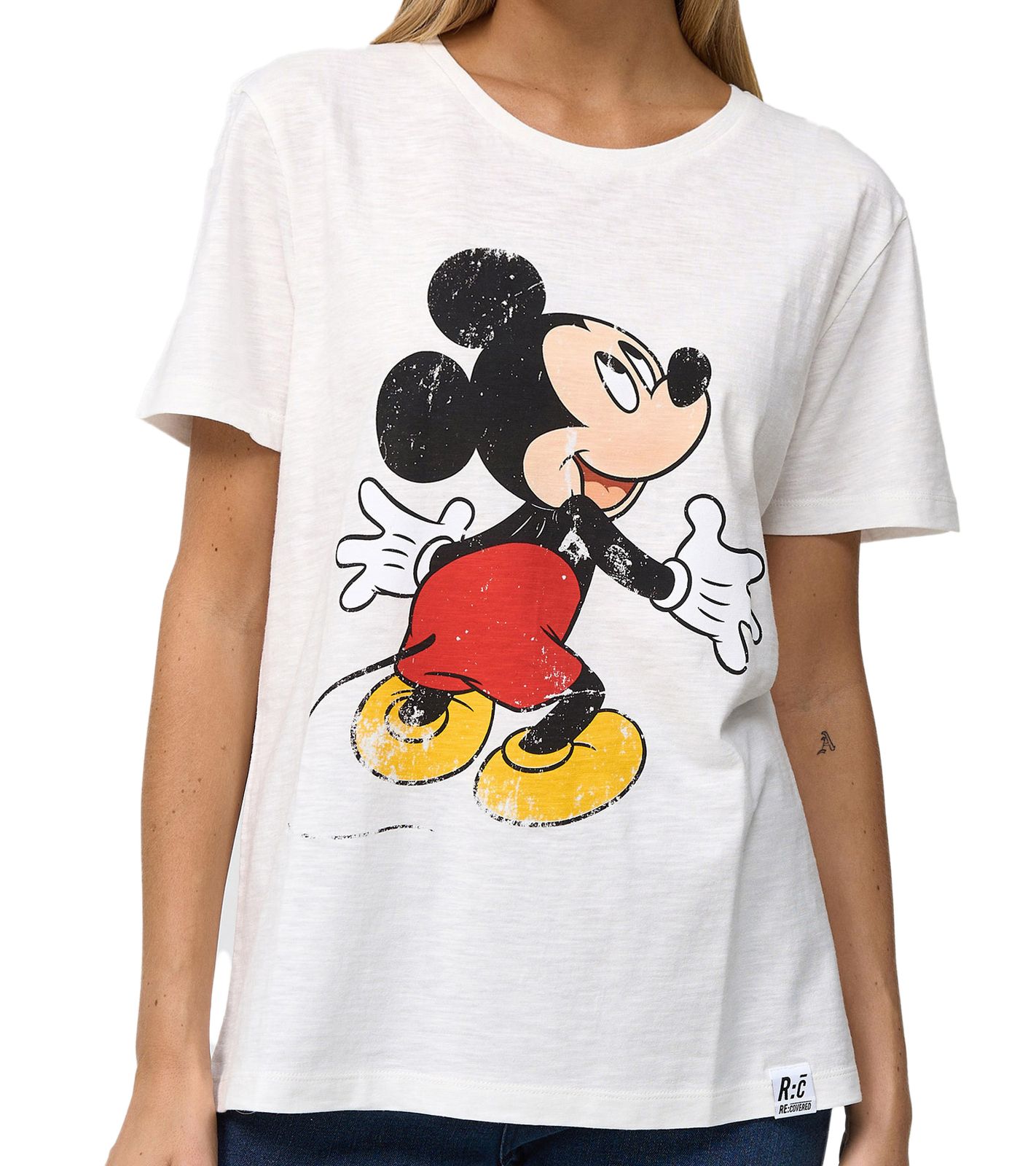 RE:COVERED X Disney Damen T-Shirt mit Mickey Mouse Print Baumwoll-Shirt Rundhals-Shirt MMDIS2580 Woll-Weiß