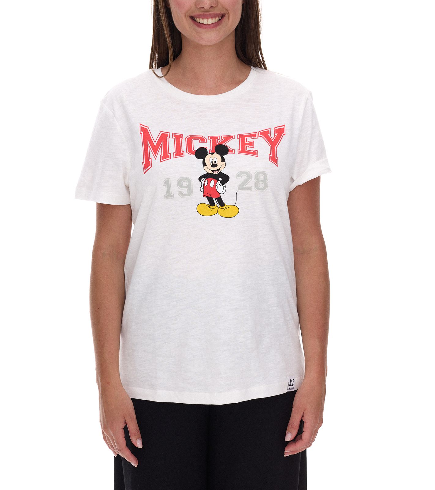 RE:COVERED X Disney Damen T-Shirt mit Mickey Mouse Print Baumwoll-Shirt Rundhals-Shirt MMDIS2587 Wollweiß