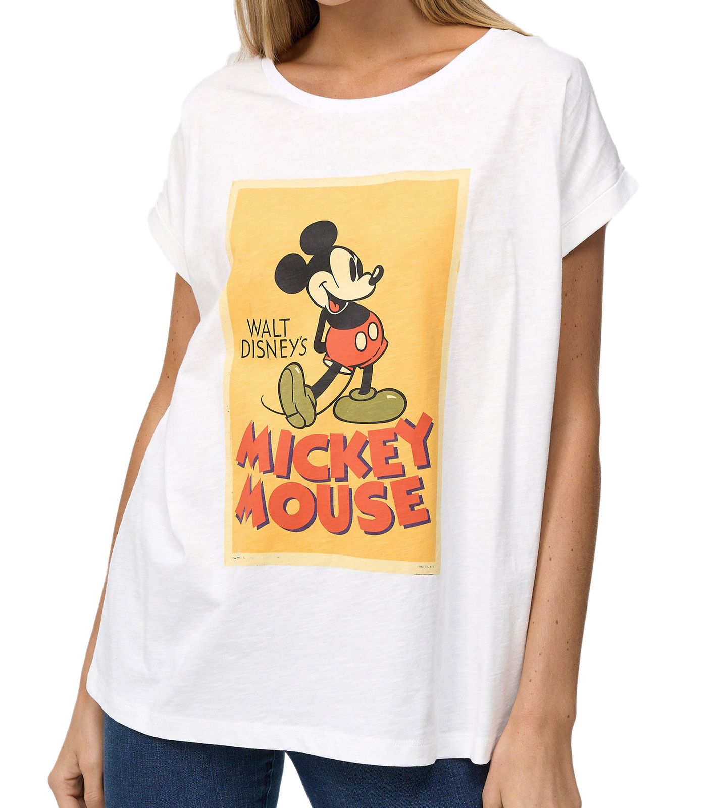 RE:COVERED X Disney Damen T-Shirt mit Mickey Mouse Print Baumwoll-Shirt Rundhals-Shirt MMDIS2591 Wollweiß