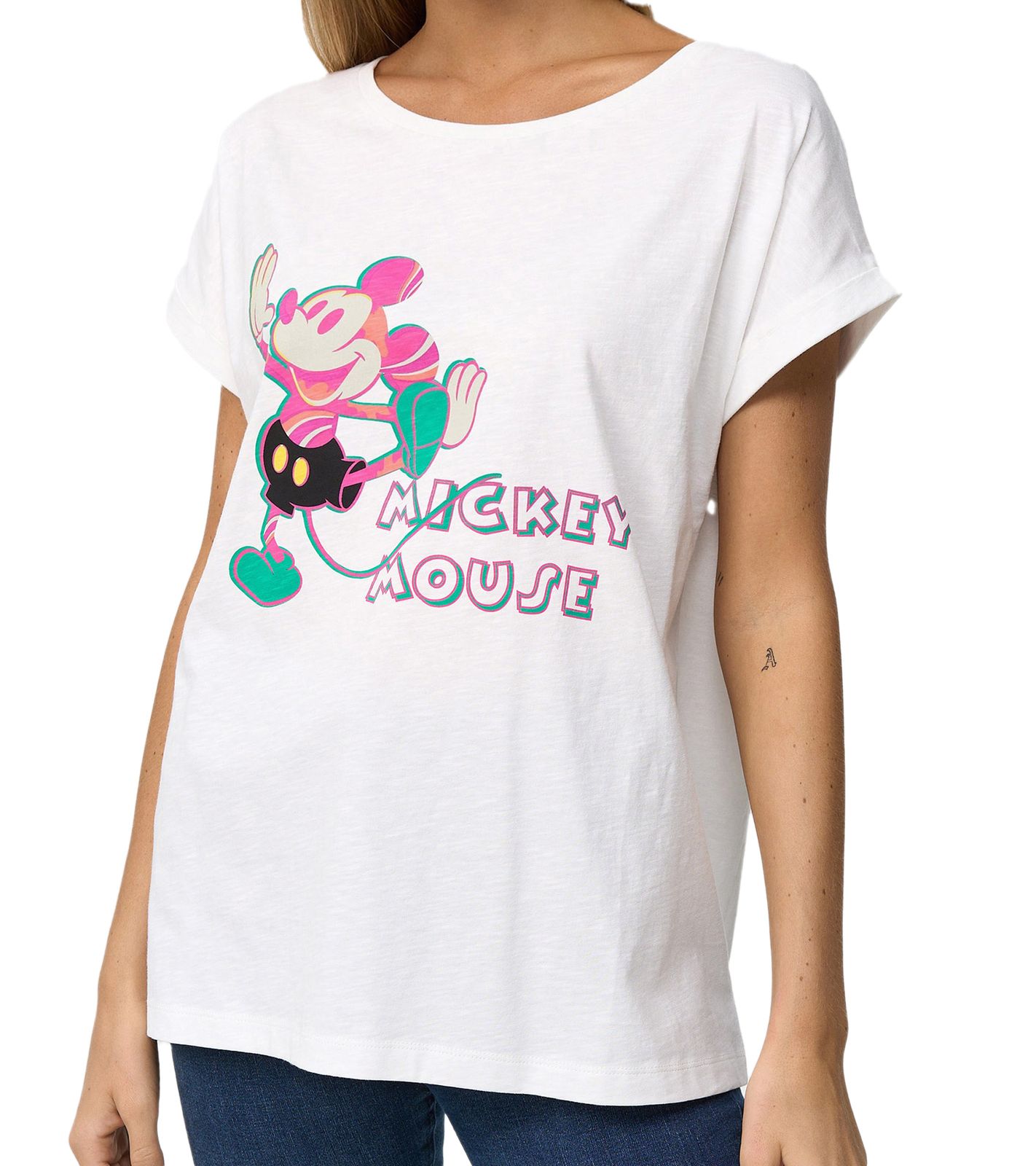 RE:COVERED X Disney Damen T-Shirt mit Mickey Mouse Print Baumwoll-Shirt Rundhals-Shirt MMDIS2597 Wollweiß