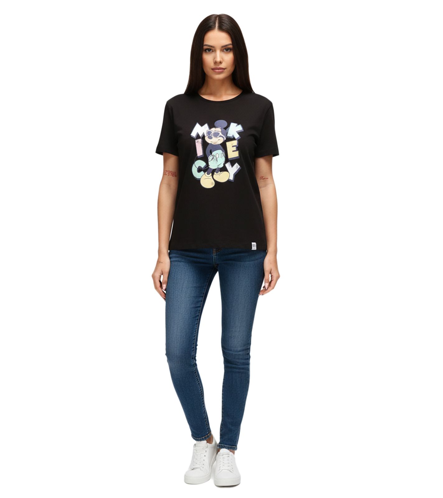 RE:COVERED X Disney Damen T-Shirt mit Mickey Mouse Print in Pastelfarben Baumwoll-Shirt Rundhals-Shirt Kurzarm-Shirt RCDIF2070 Schwarz