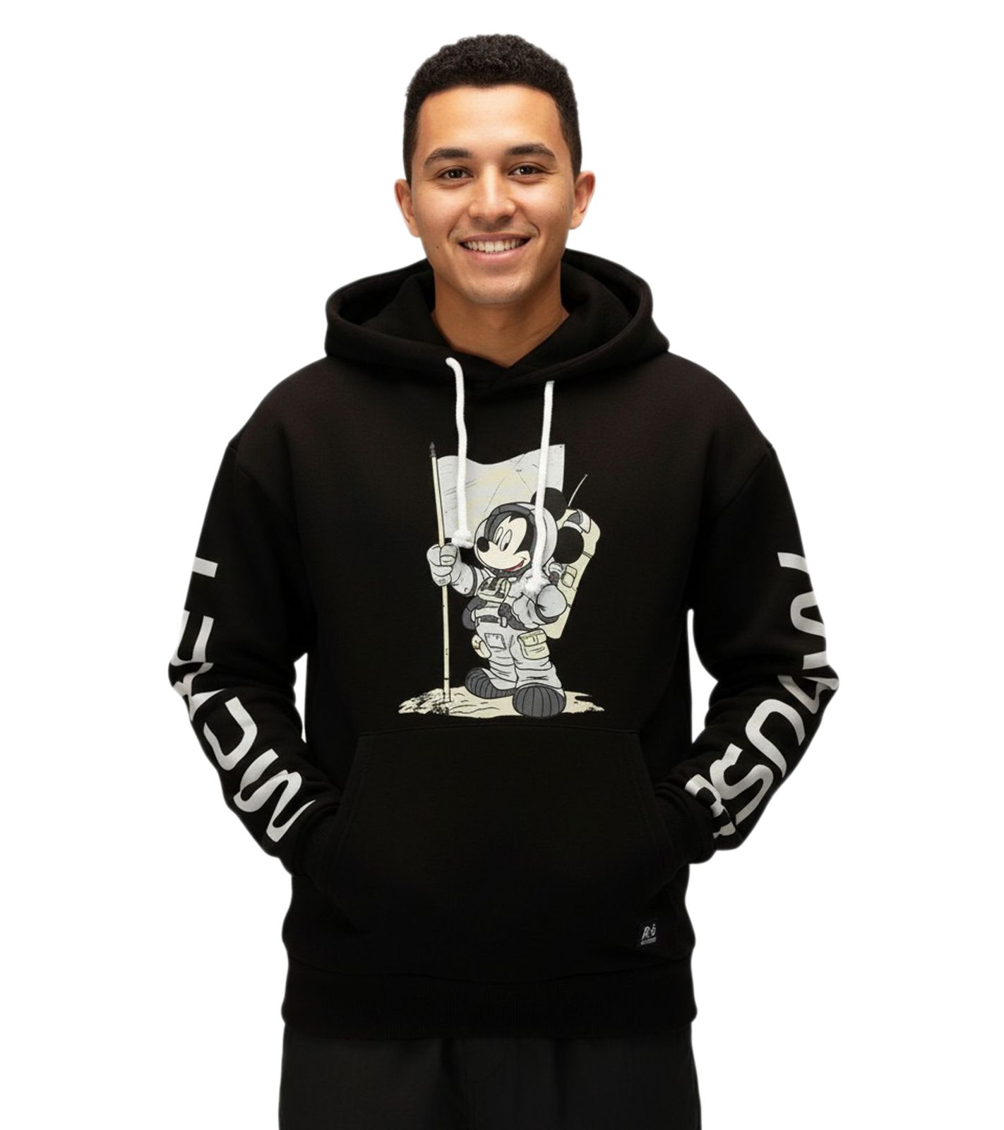 RE:COVERED X Disney Herren Kapuzen-Pullover mit Mickey Mouse-Print Baumwoll-Hoody Langarm-Shirt RCDIF2049 Schwarz