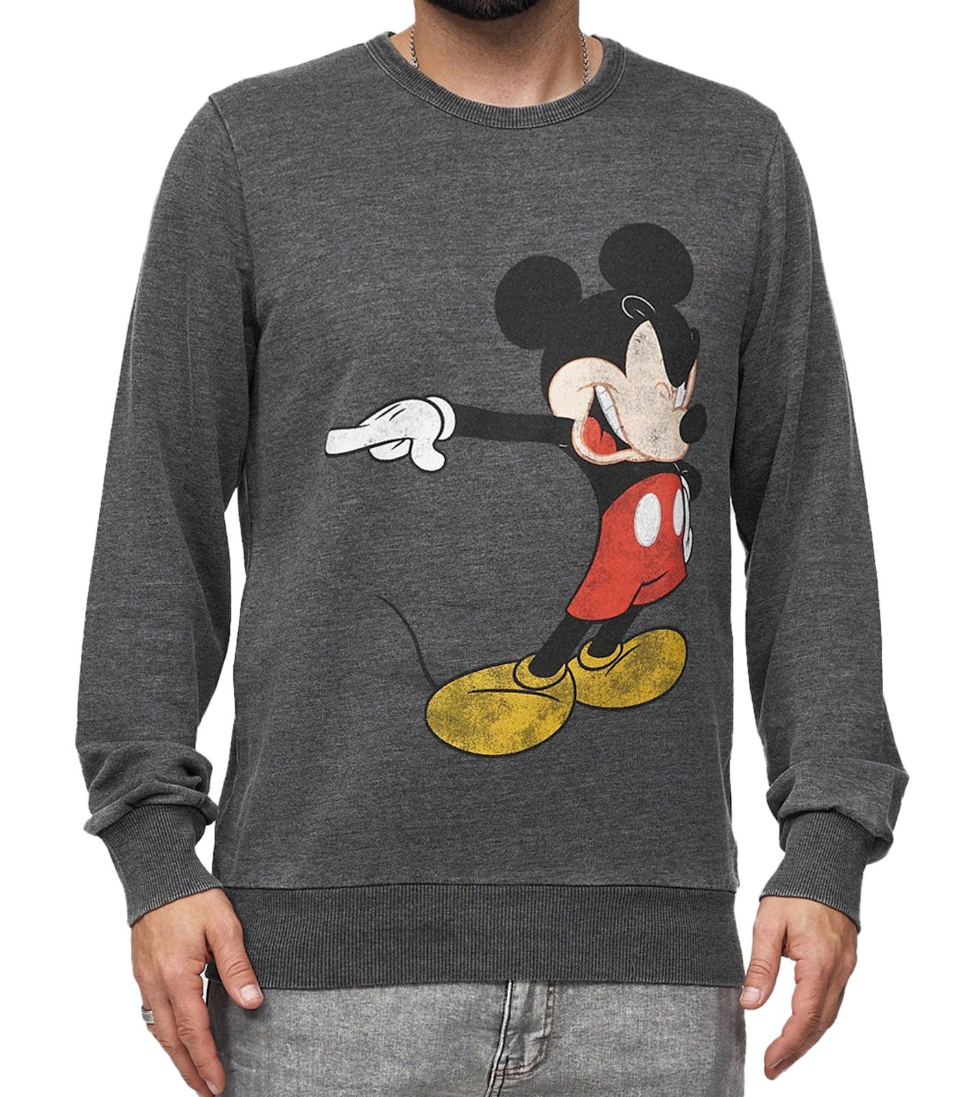 RE:COVERED X DISNEY Herren Rundhals-Pullover mit MICKEY MOUSE Print Alltags-Sweater mit Baumwollanteil MMDIS2486 Grau