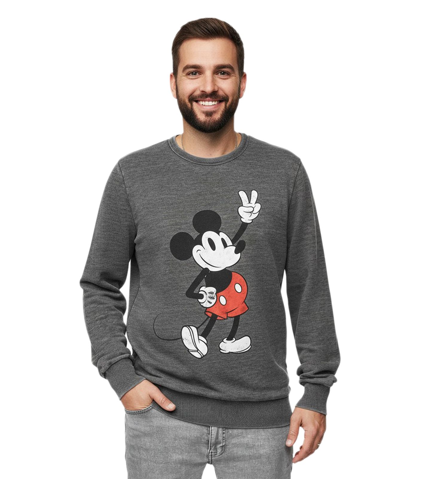 RE:COVERED X DISNEY Herren Rundhals-Pullover mit MICKEY MOUSE Print Alltags-Sweater mit Baumwollanteil MMDIS2489 Grau