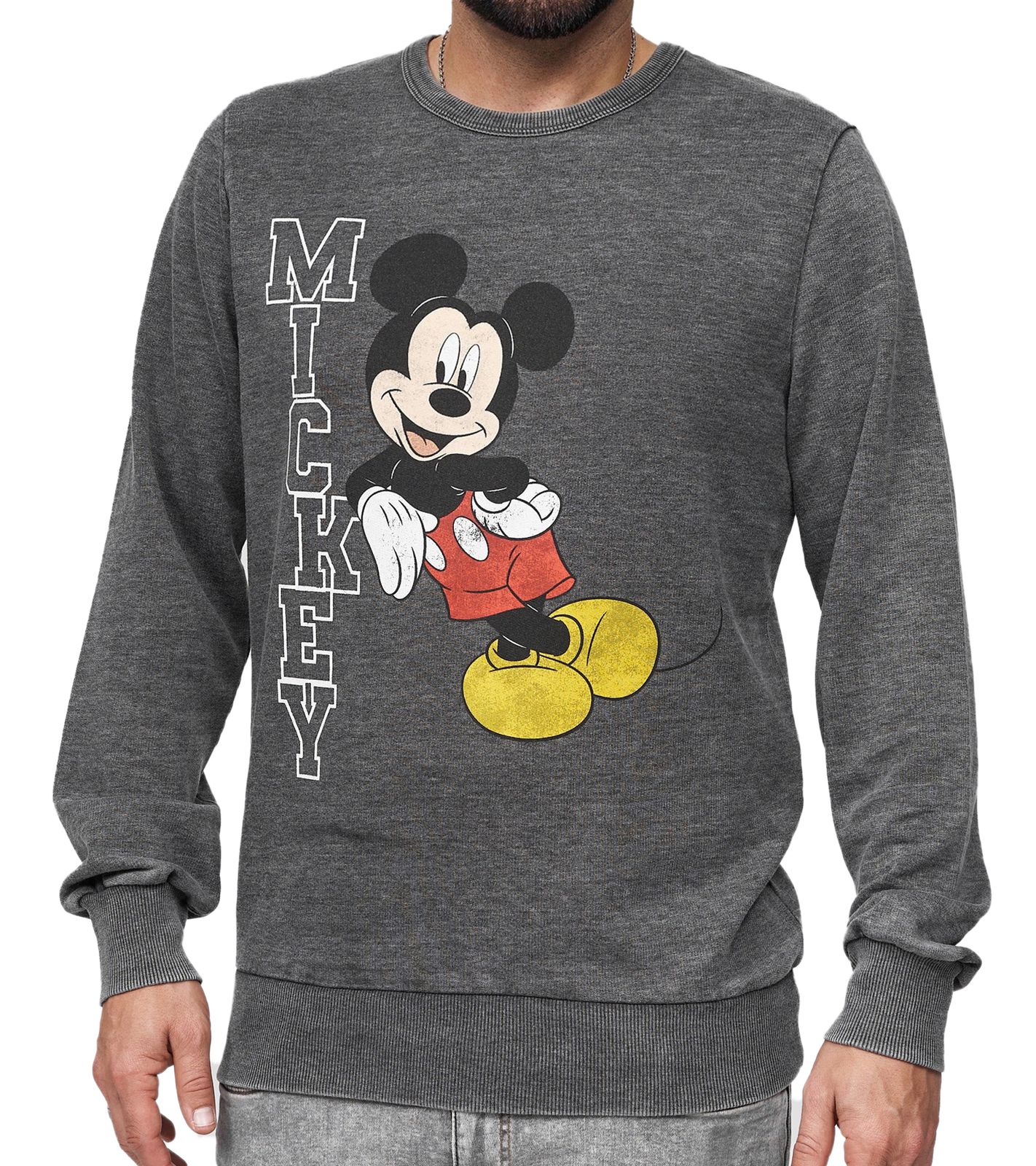 RE:COVERED X DISNEY Herren Rundhals-Pullover mit MICKEY MOUSE Print Alltags-Sweater mit Baumwollanteil MMDIS2492 Grau