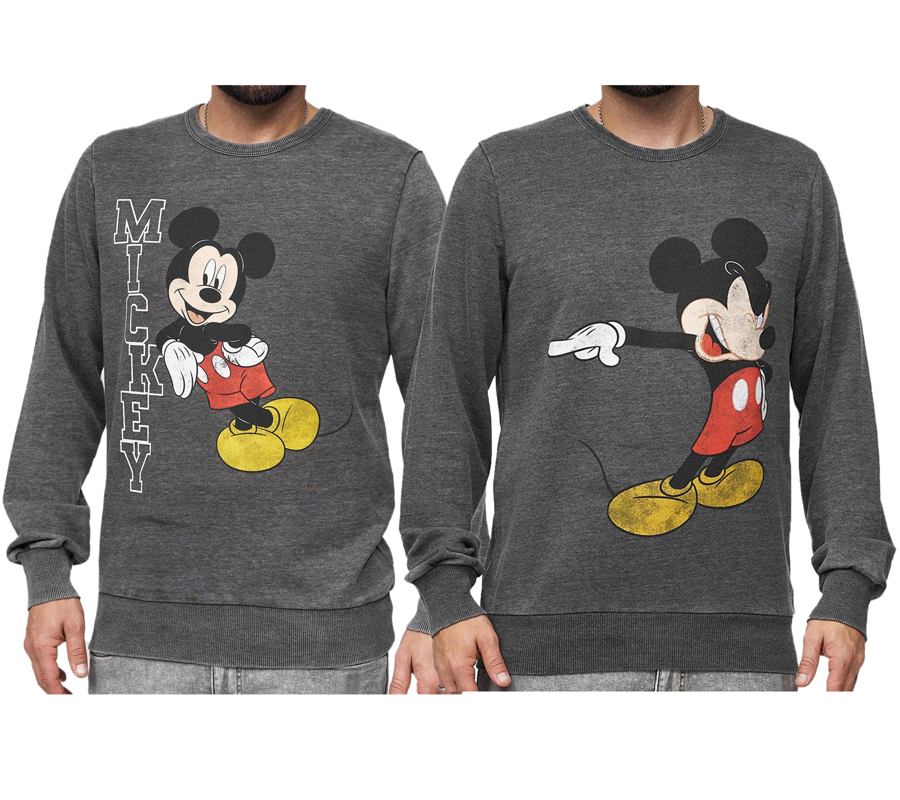 RE:COVERED X DISNEY Herren Rundhals-Pullover mit MICKEY MOUSE Print und Schriftzug Alltags-Sweater mit Baumwollanteil Grau